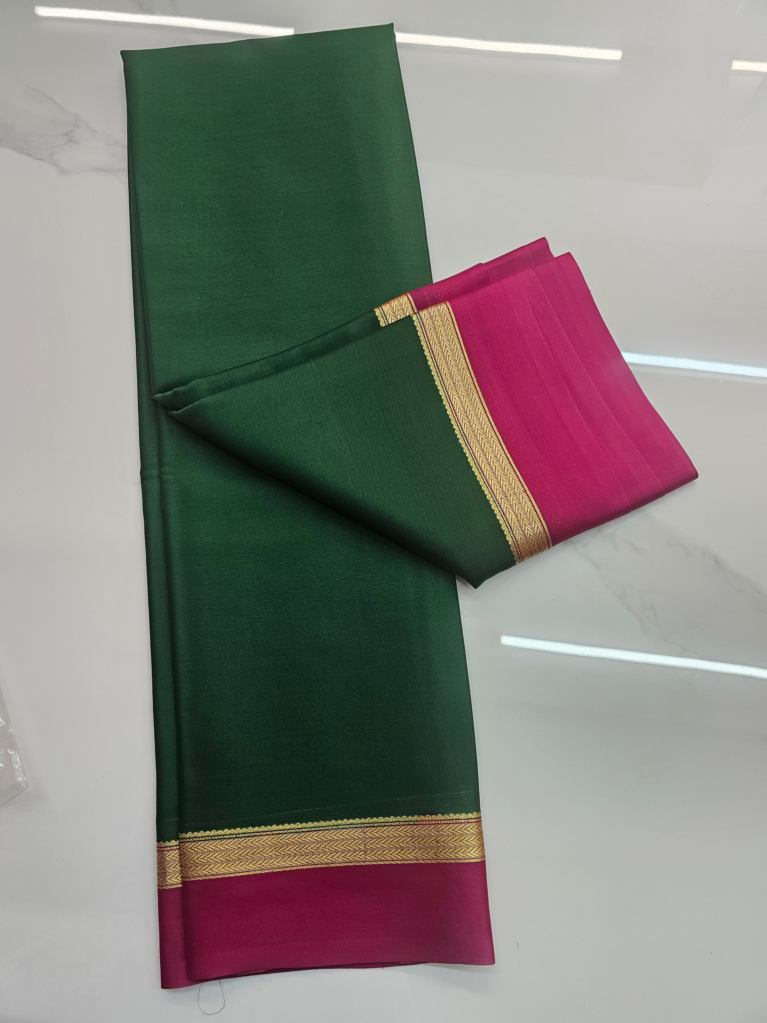 GREEN WITH PINK - PURE MYSORE CREPE SILK