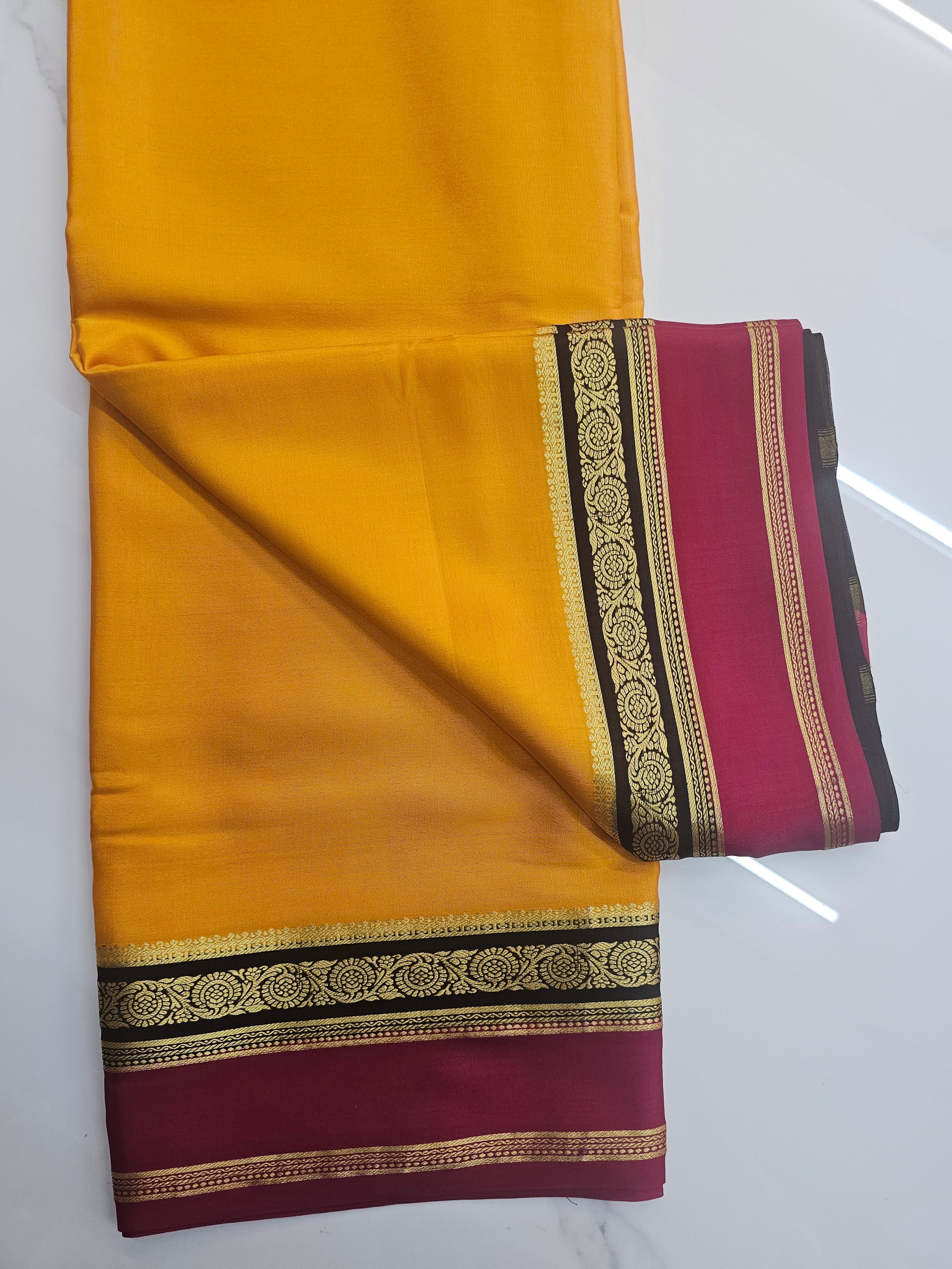 YELLOW WITH BLACK AND PINK - PURE MYSORE CREPE SILK