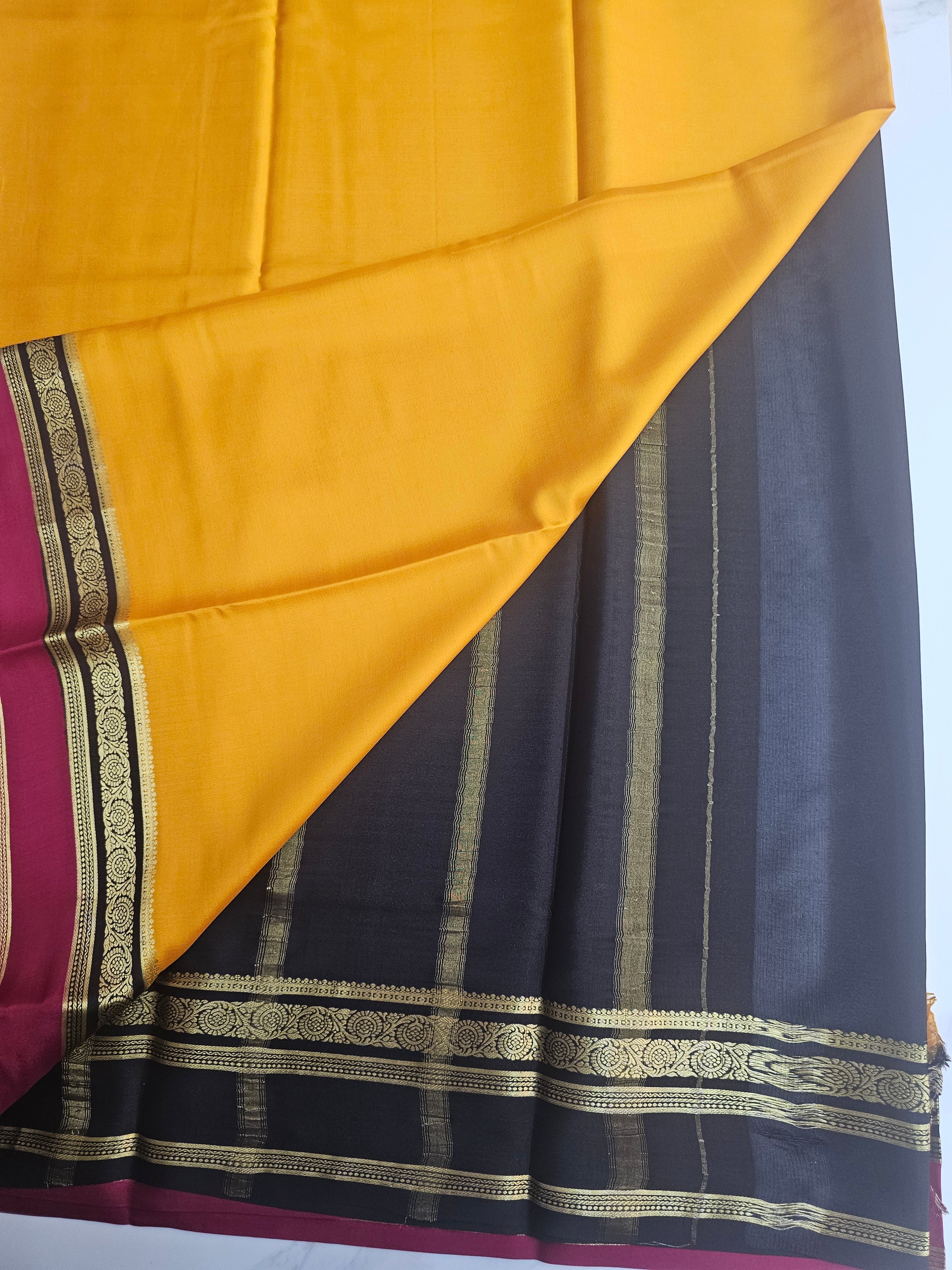 YELLOW WITH BLACK AND PINK - PURE MYSORE CREPE SILK