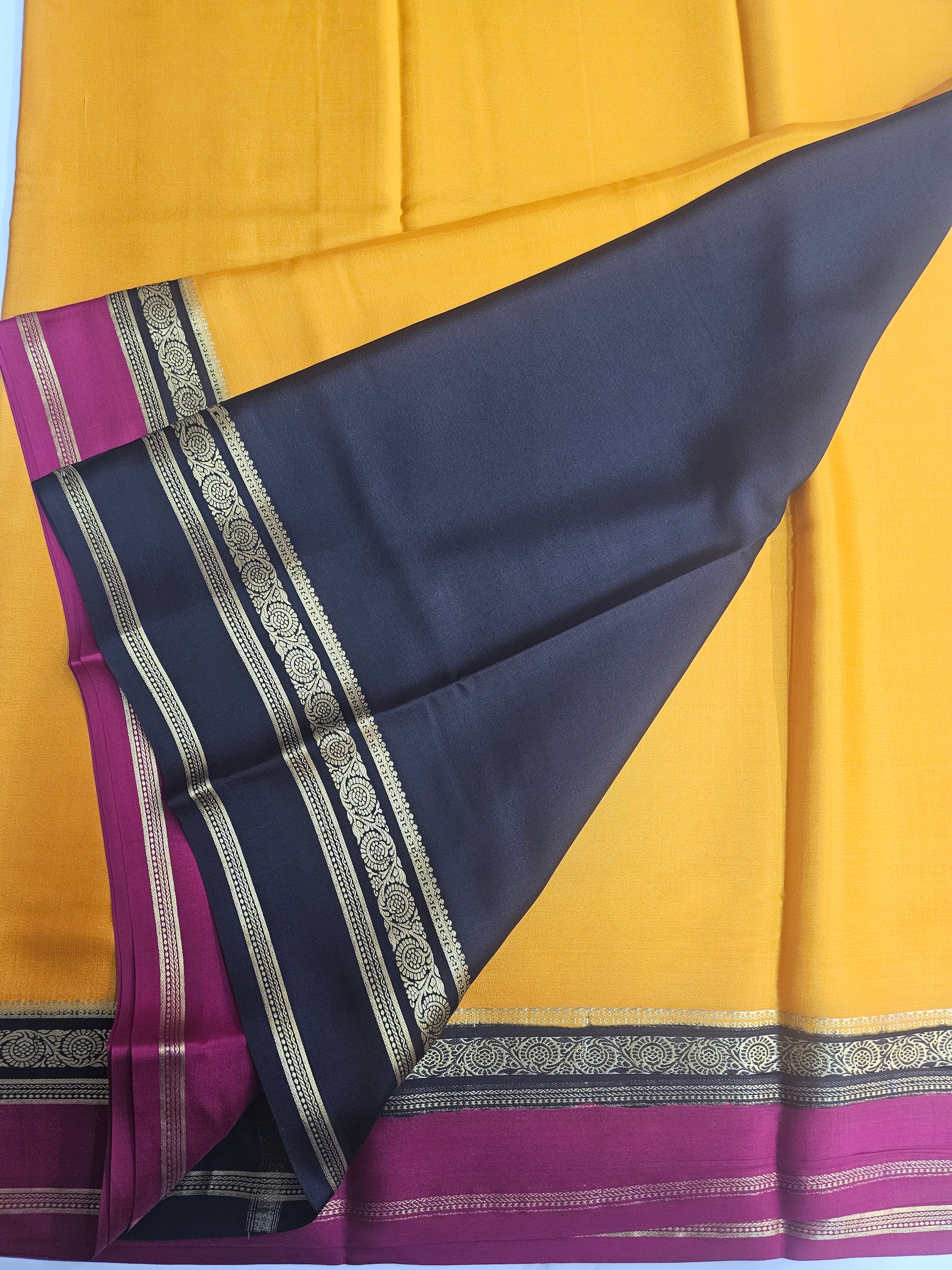 YELLOW WITH BLACK AND PINK - PURE MYSORE CREPE SILK