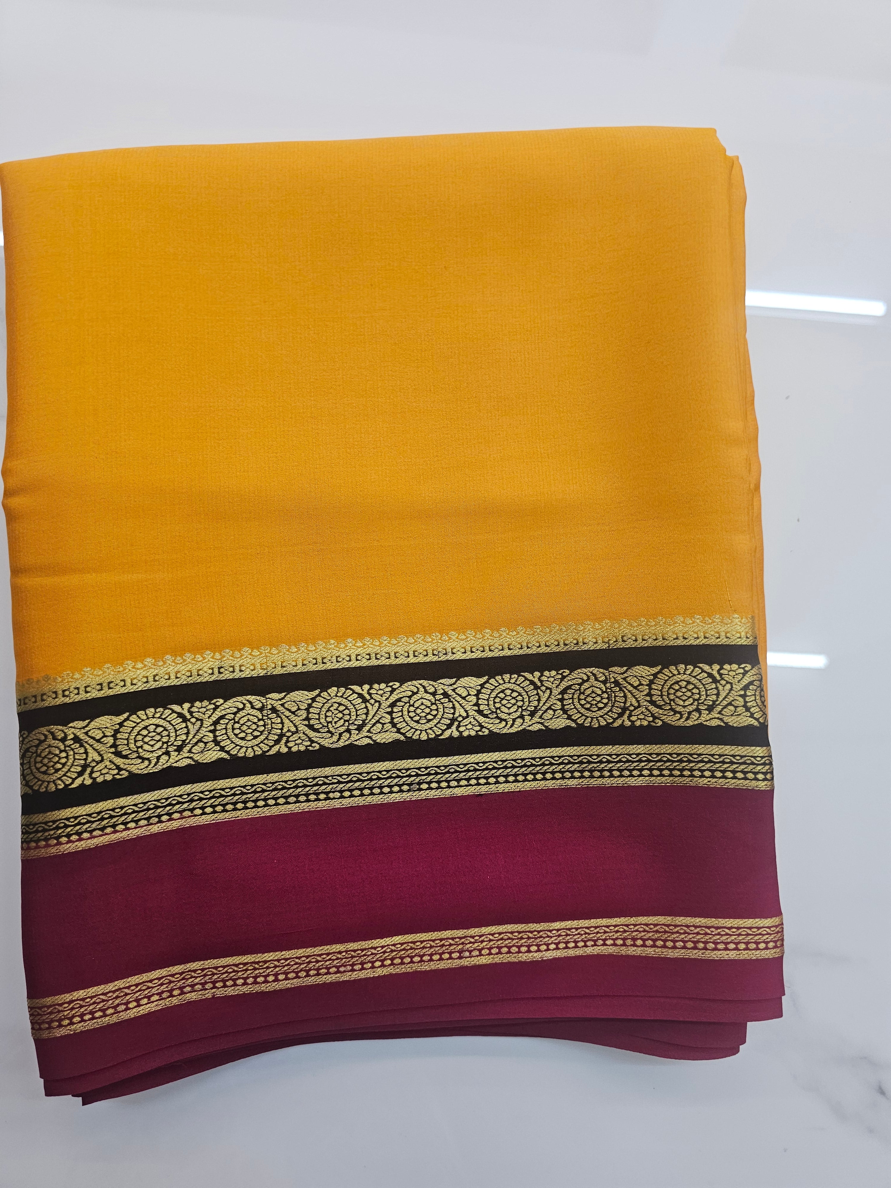 YELLOW WITH BLACK AND PINK - PURE MYSORE CREPE SILK