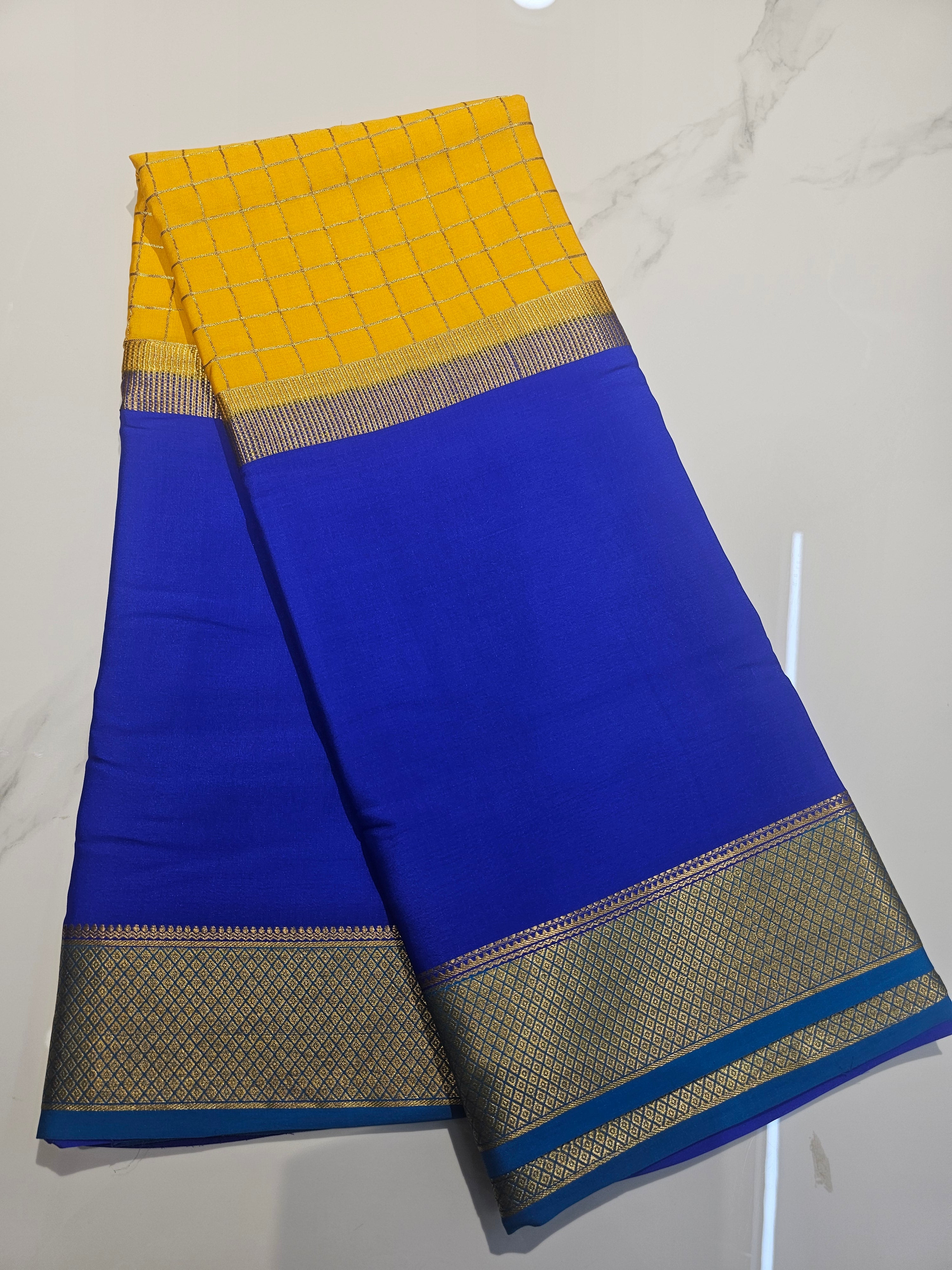 BLUE YELLOW BLUE  - PURE MYSORE CREPE SILK