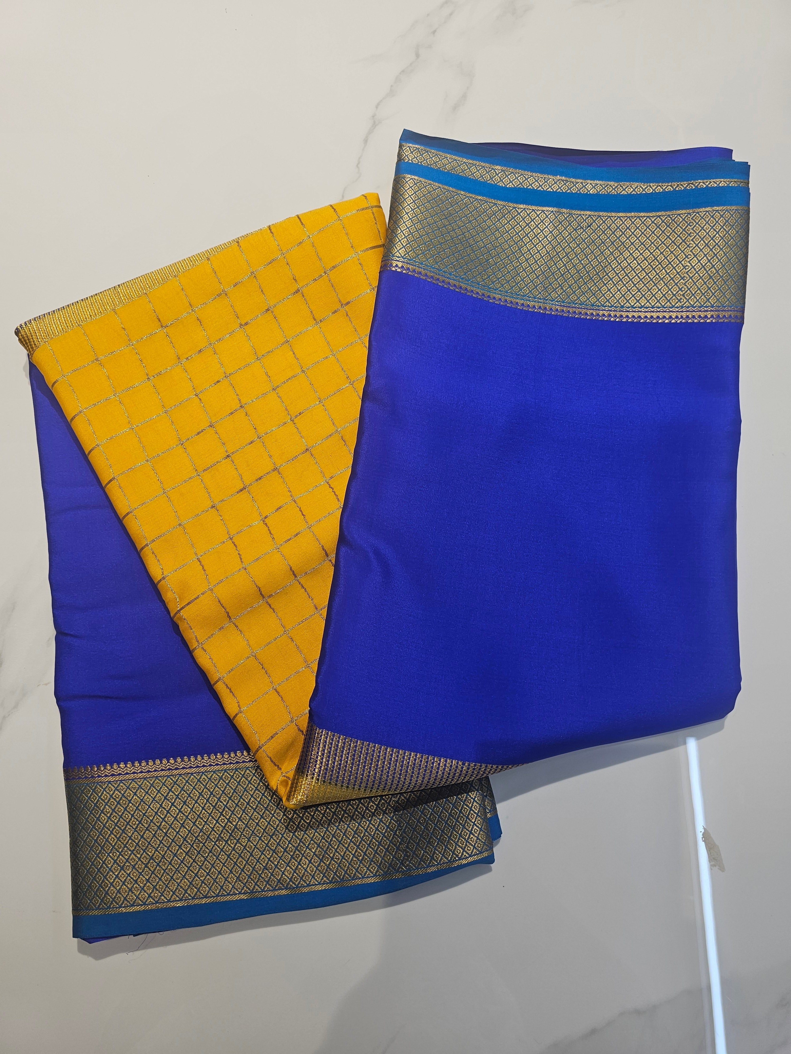 BLUE YELLOW BLUE  - PURE MYSORE CREPE SILK