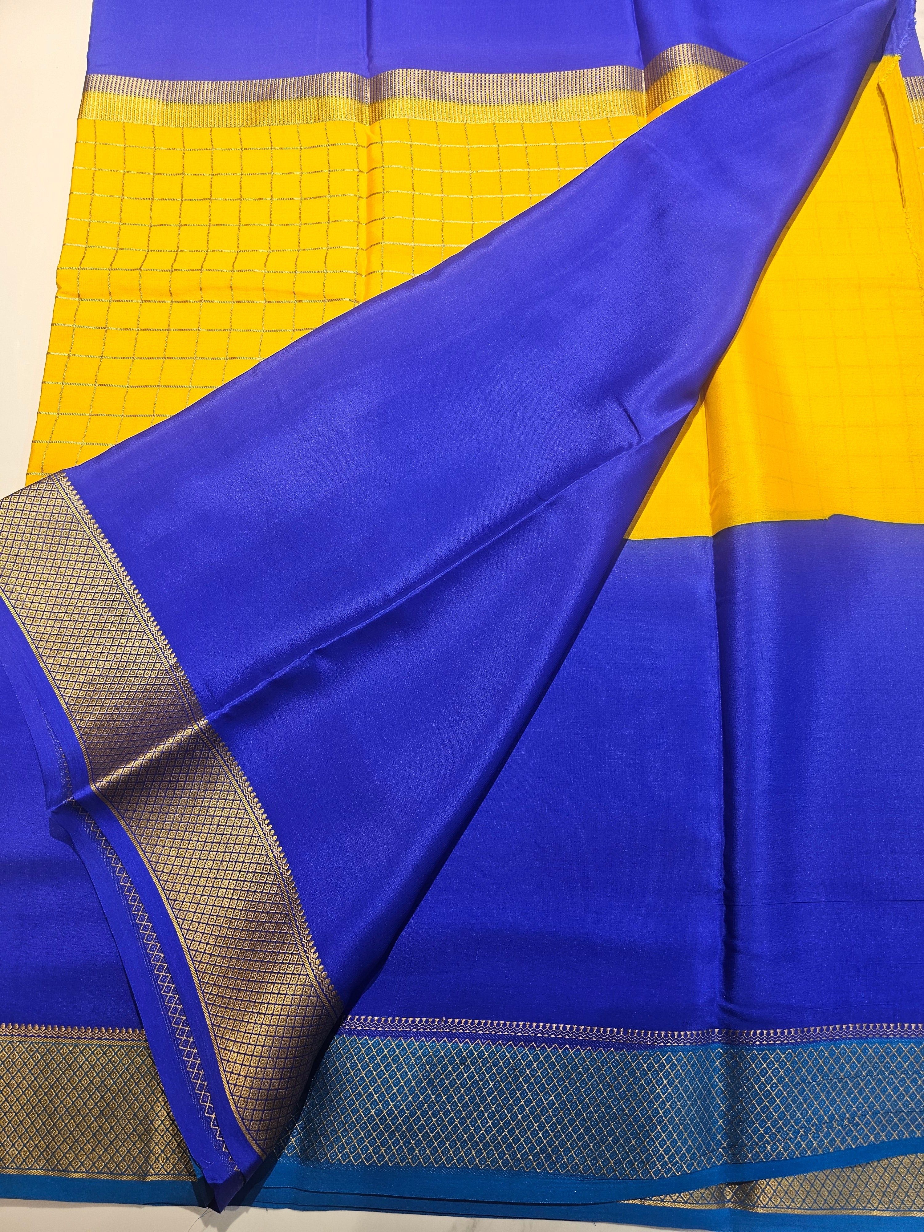 BLUE YELLOW BLUE  - PURE MYSORE CREPE SILK