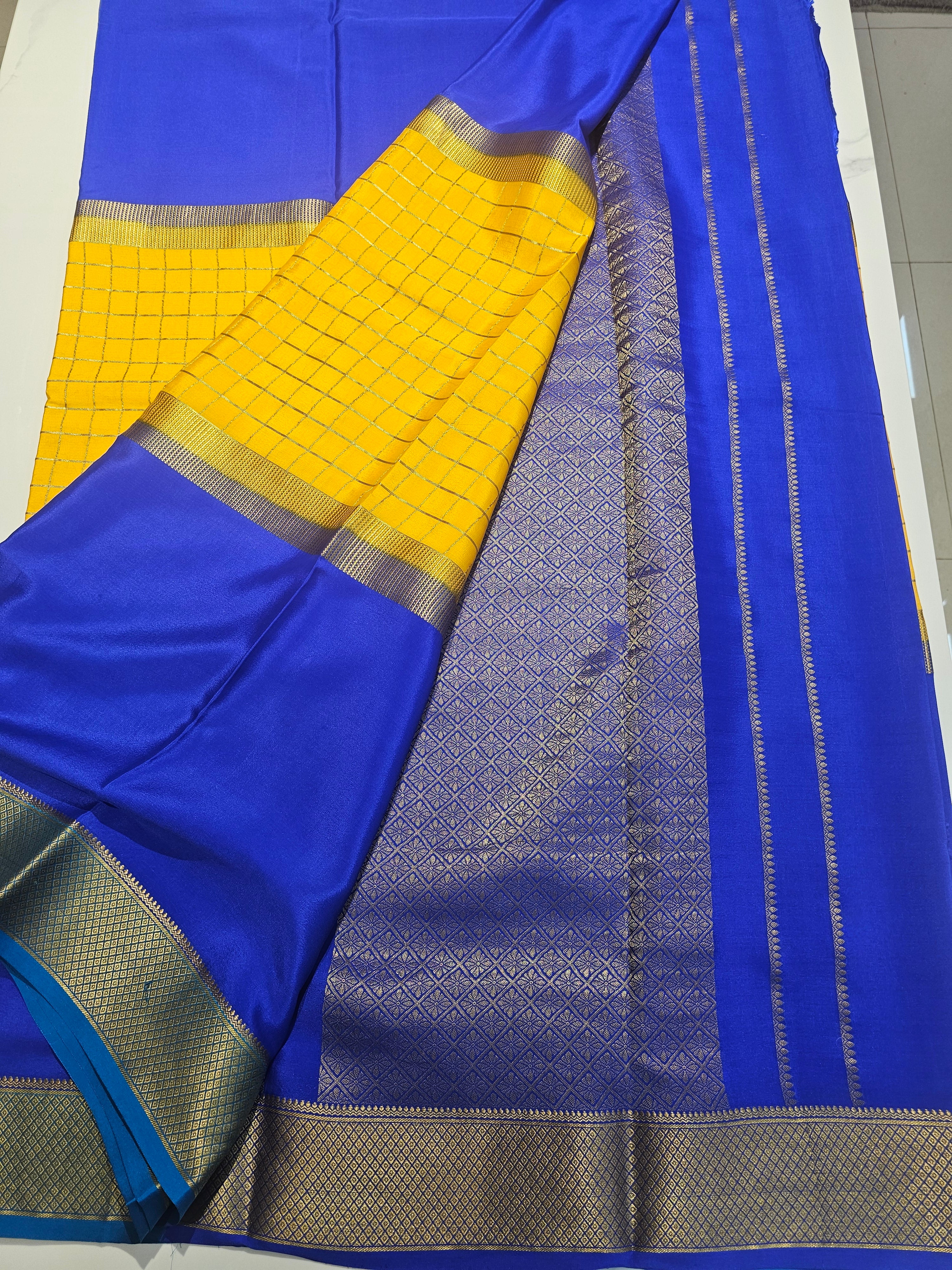 BLUE YELLOW BLUE  - PURE MYSORE CREPE SILK