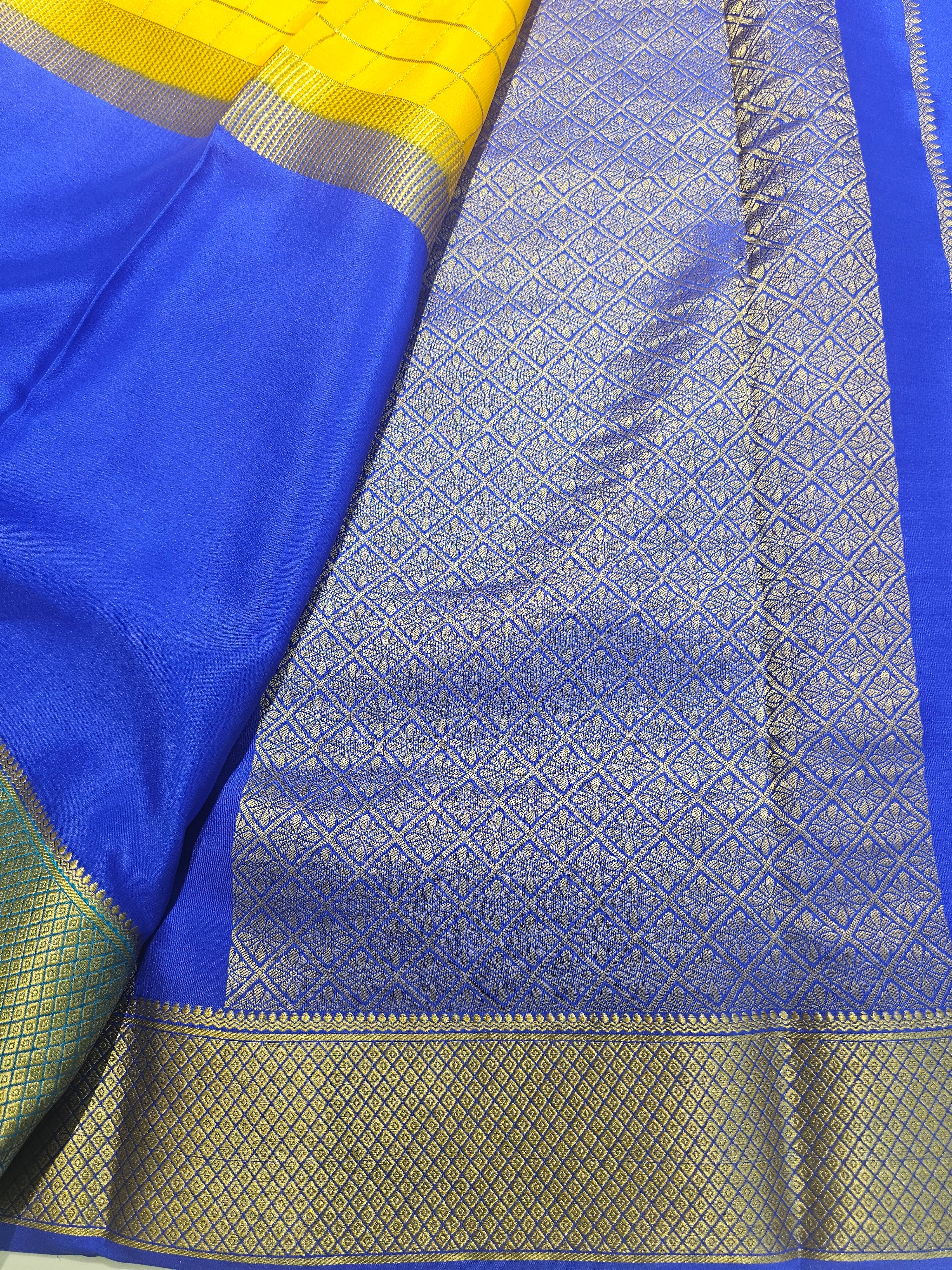 BLUE YELLOW BLUE  - PURE MYSORE CREPE SILK