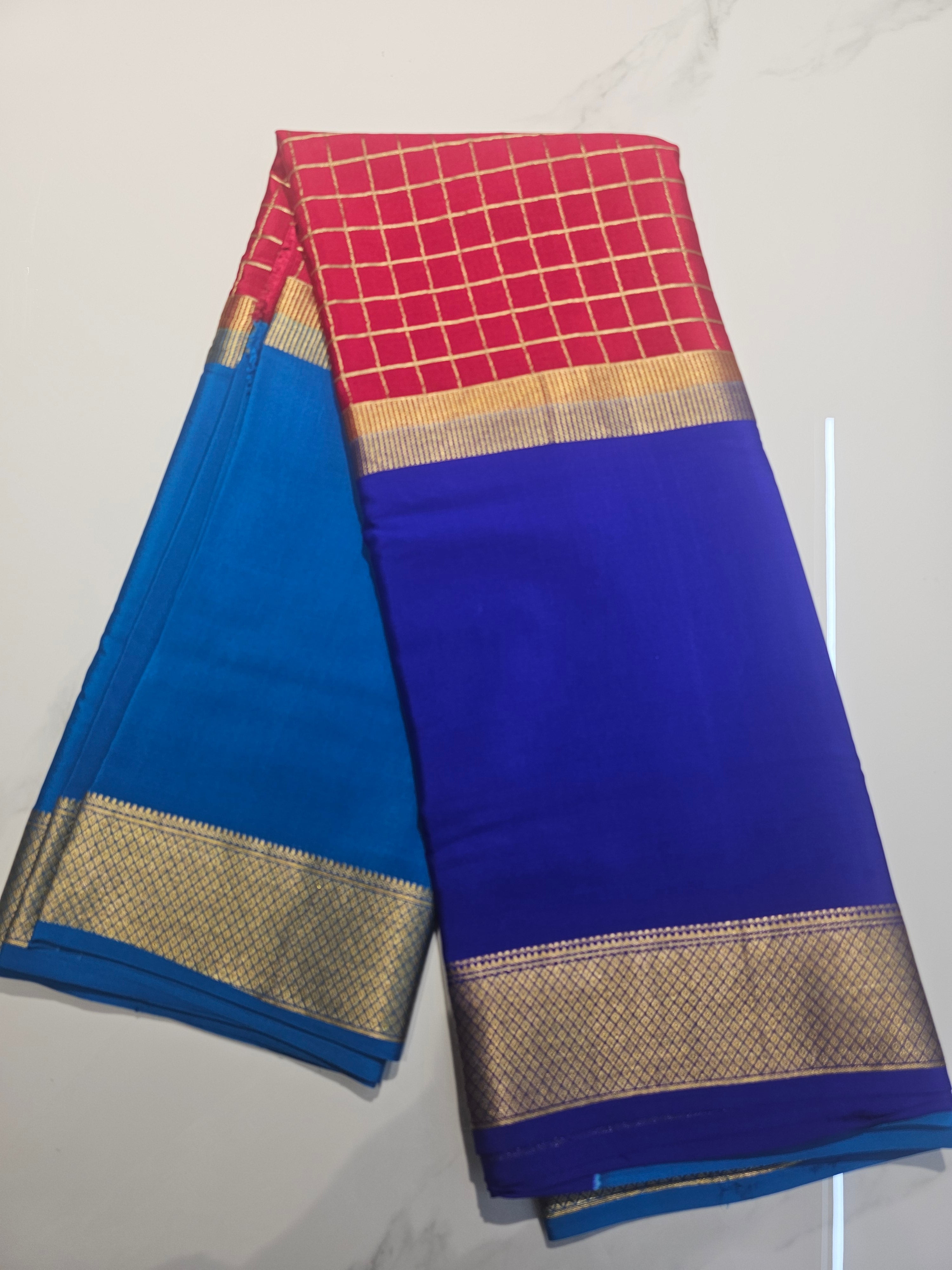 BLUE RED BLUE 3D  - PURE MYSORE CREPE SILK