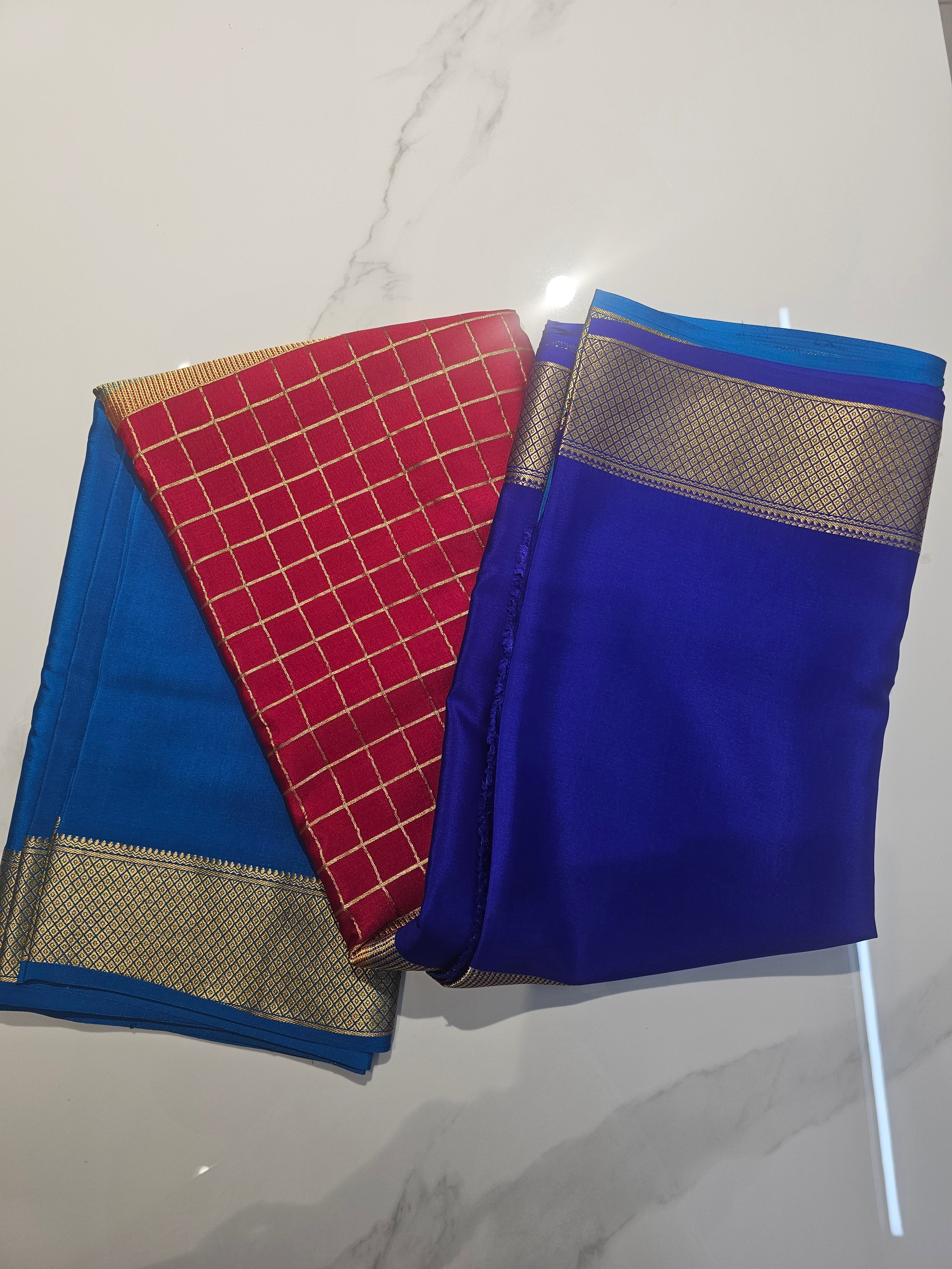 BLUE RED BLUE 3D  - PURE MYSORE CREPE SILK