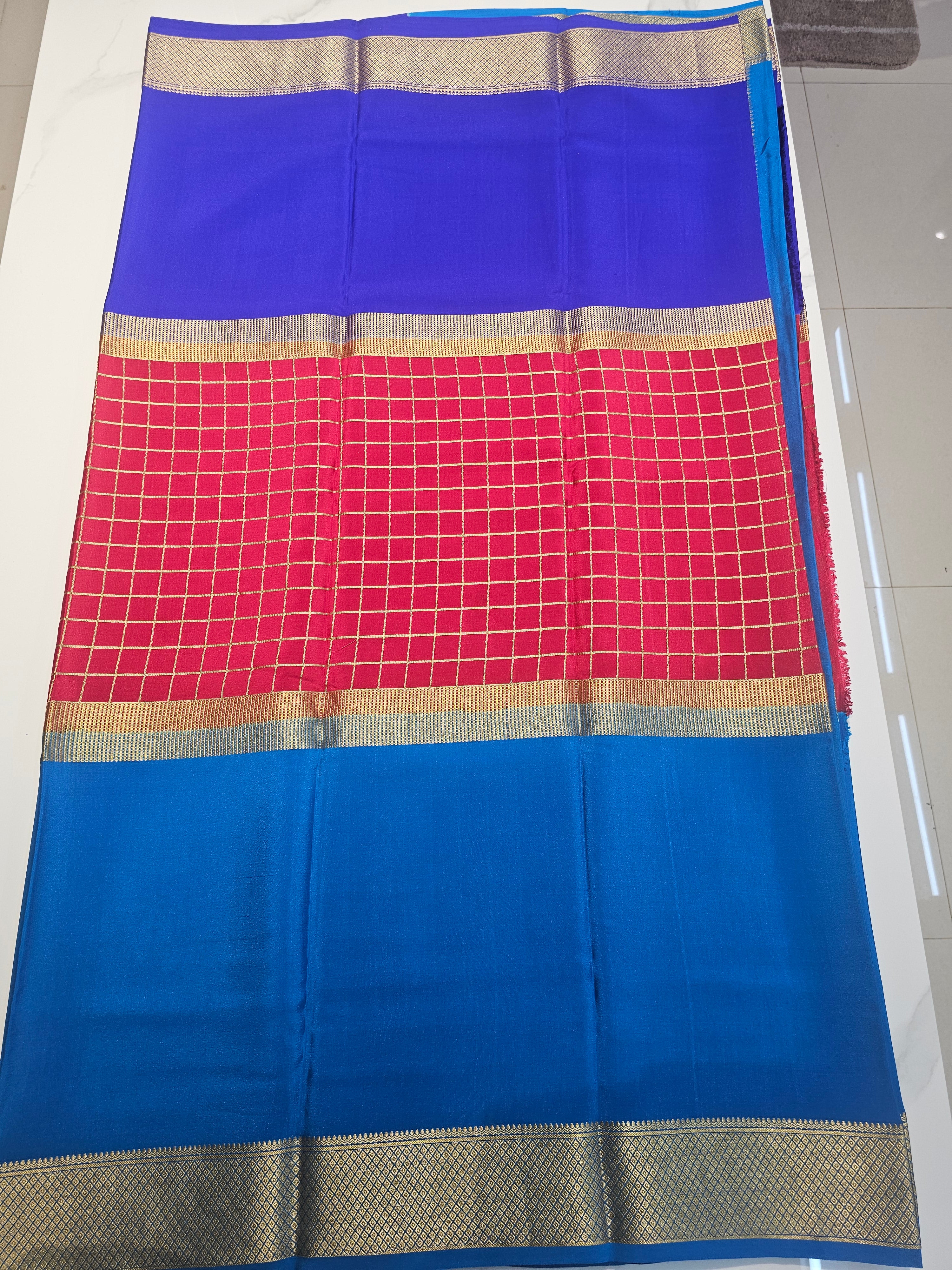 BLUE RED BLUE 3D  - PURE MYSORE CREPE SILK