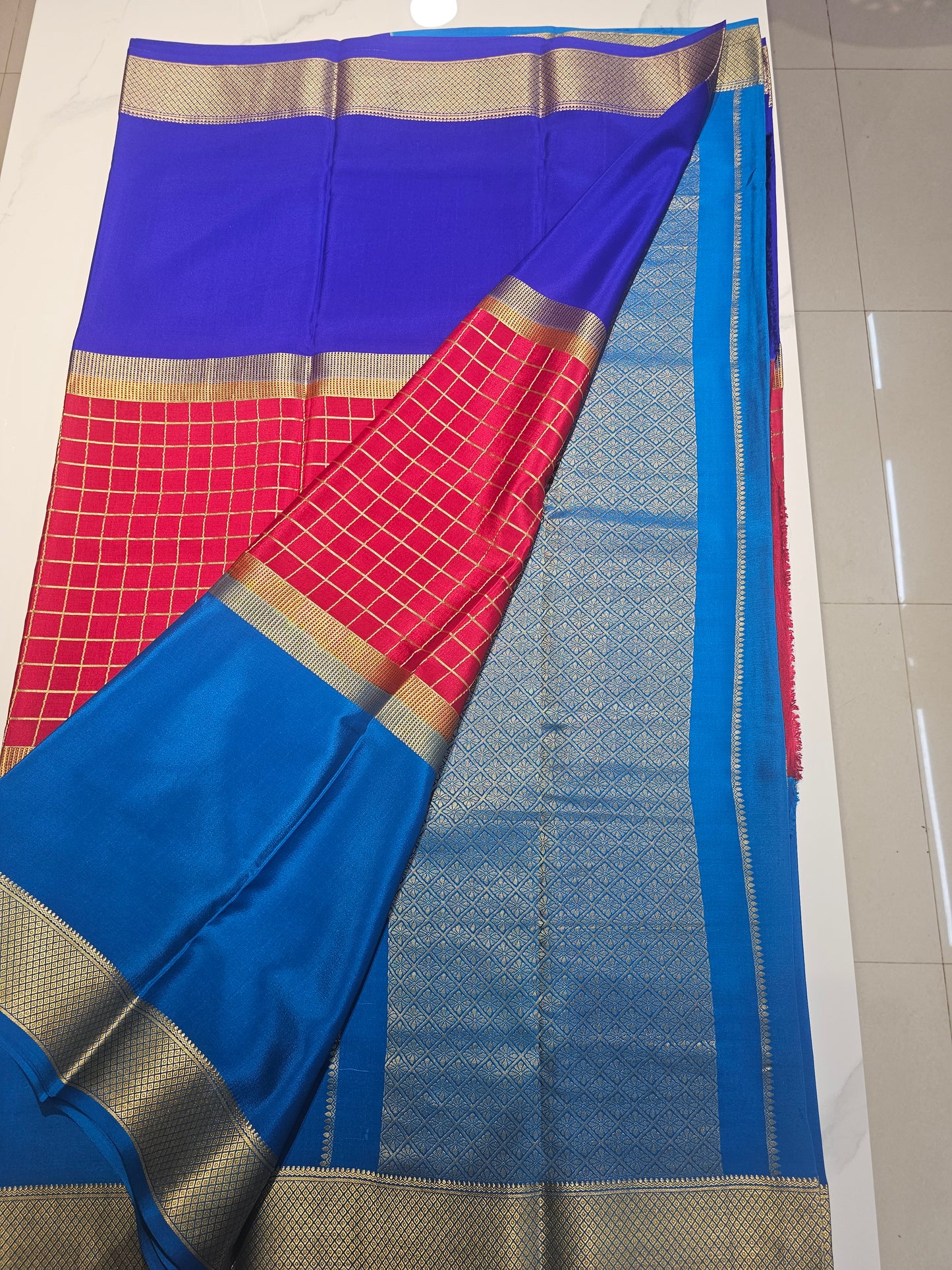 BLUE RED BLUE 3D  - PURE MYSORE CREPE SILK