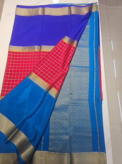 BLUE RED BLUE 3D  - PURE MYSORE CREPE SILK