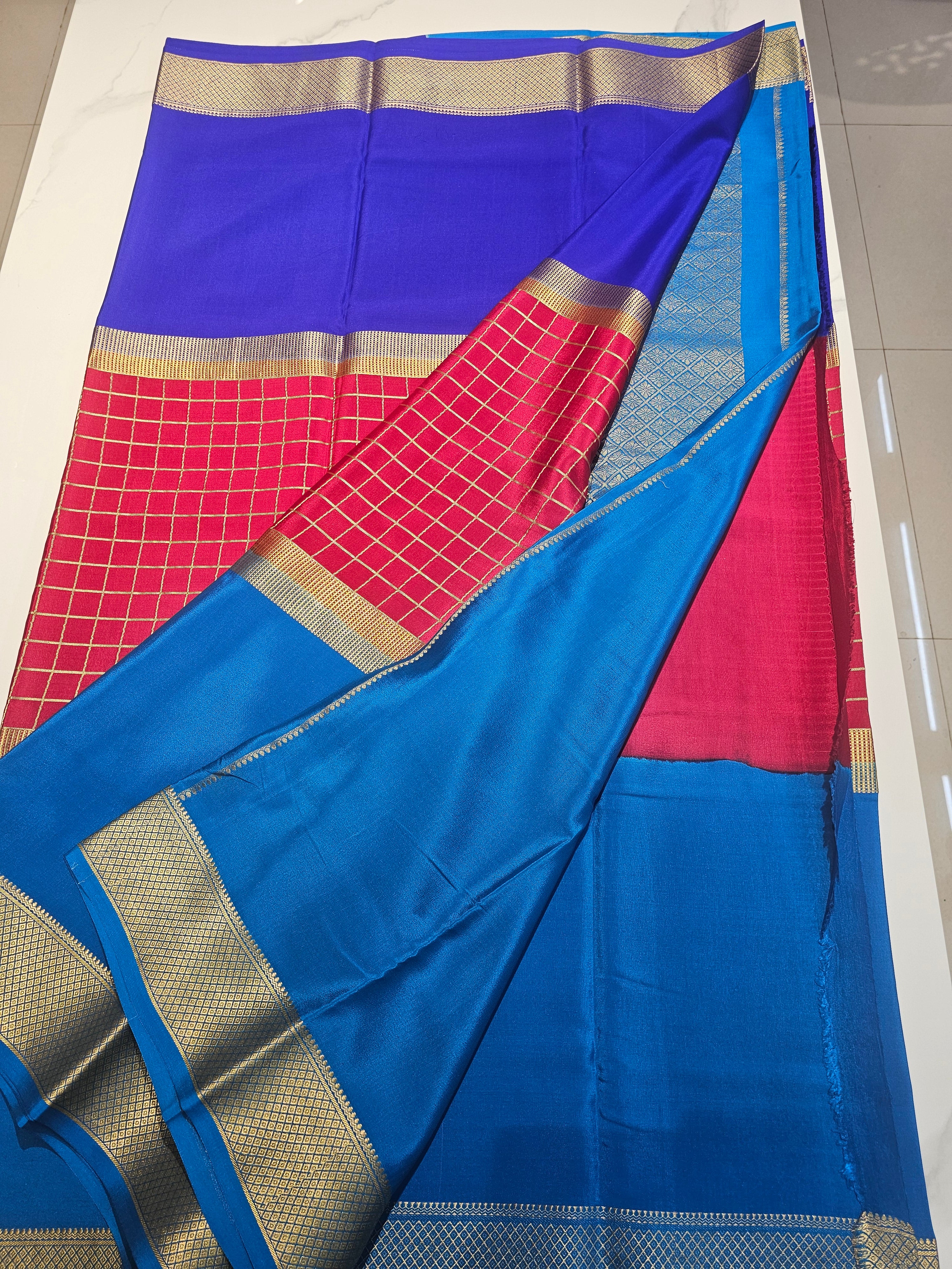 BLUE RED BLUE 3D  - PURE MYSORE CREPE SILK