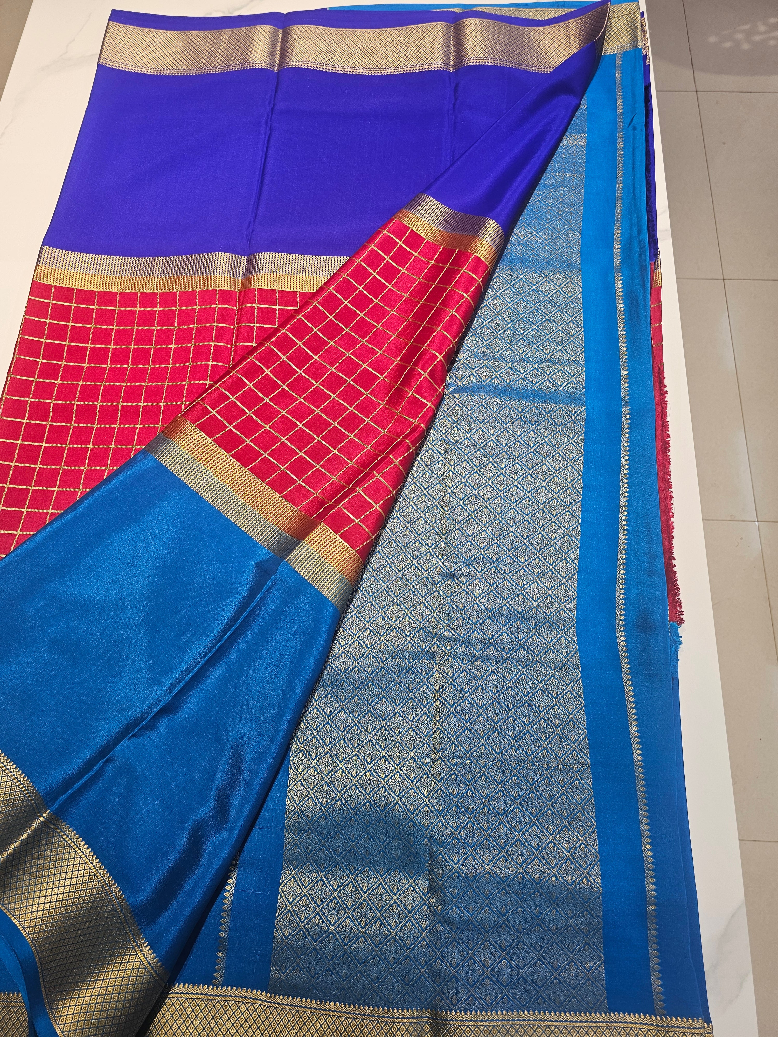 BLUE RED BLUE 3D  - PURE MYSORE CREPE SILK