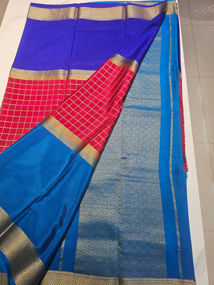 BLUE RED BLUE 3D  - PURE MYSORE CREPE SILK
