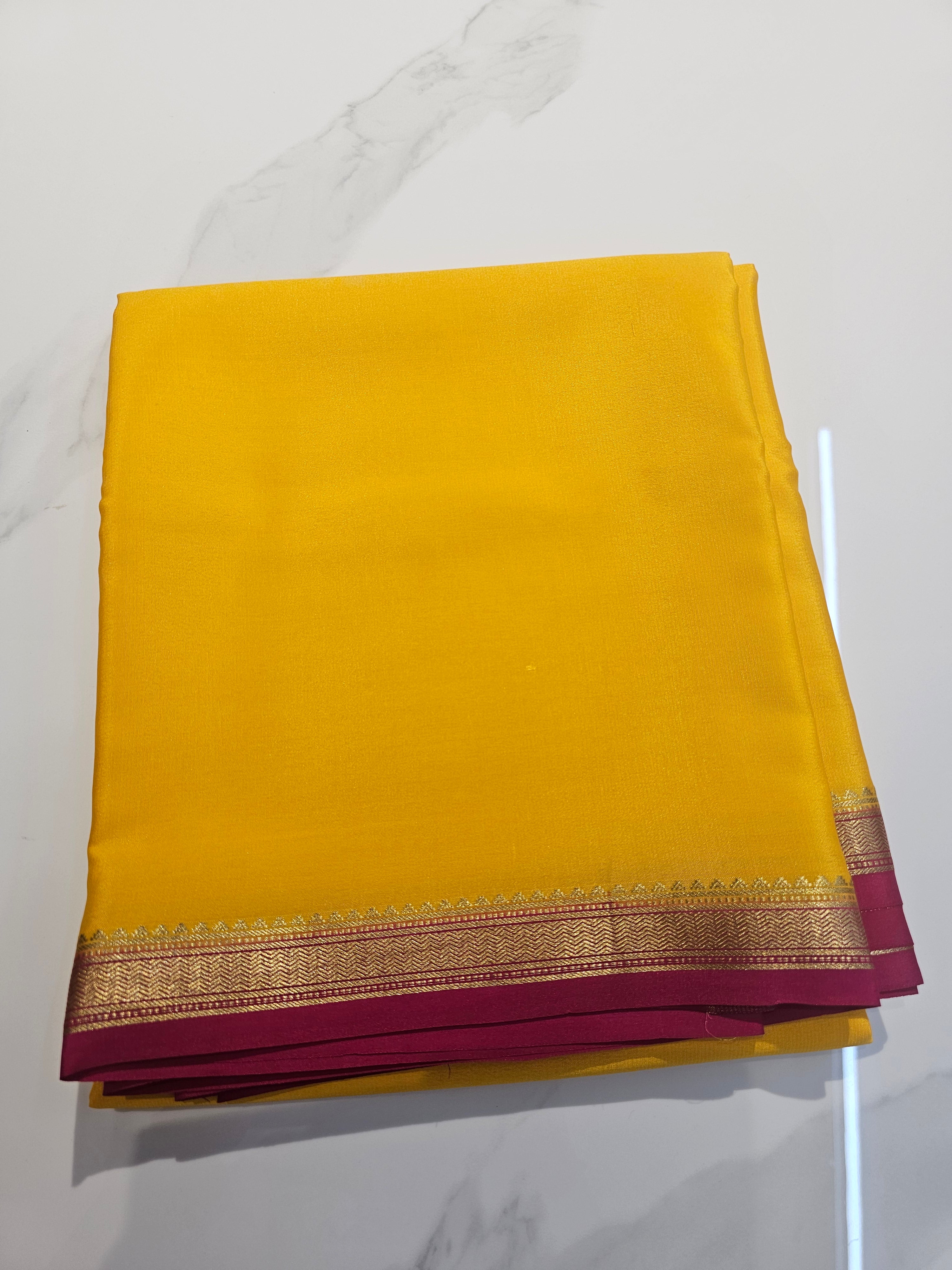 YELLOW WITH PINK  - PURE MYSORE CREPE SILK