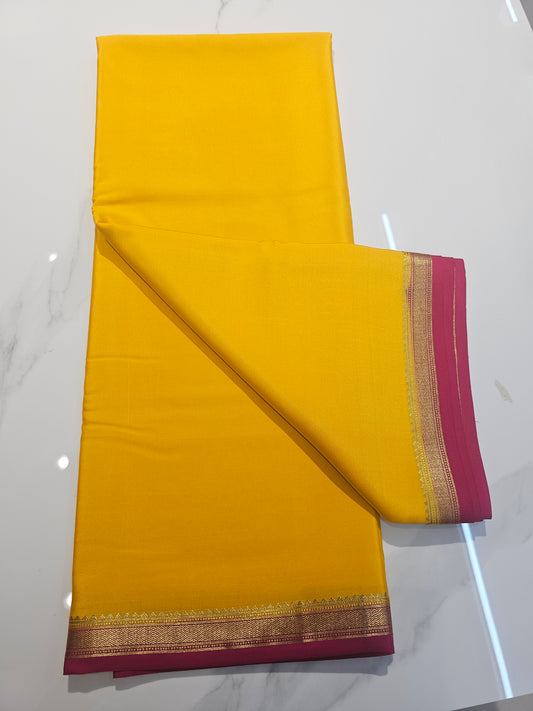 YELLOW WITH PINK  - PURE MYSORE CREPE SILK