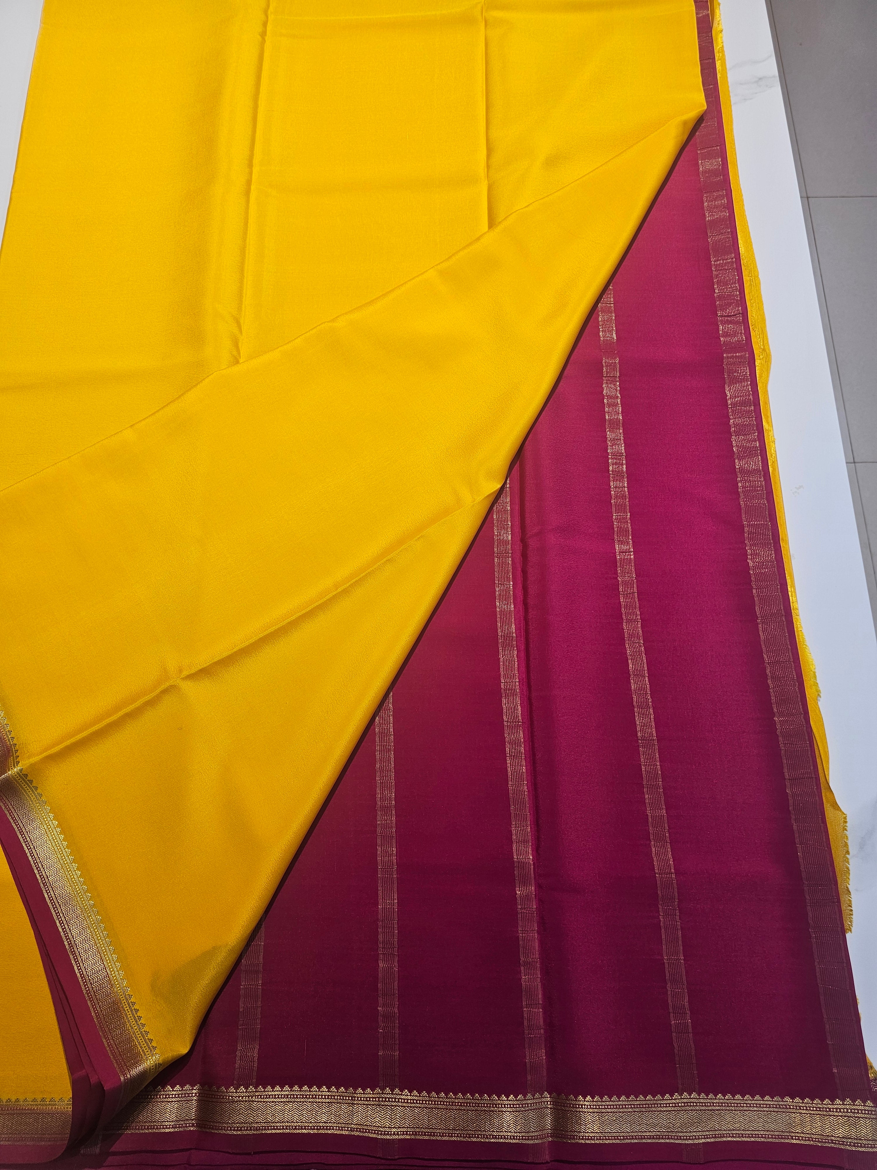 YELLOW WITH PINK  - PURE MYSORE CREPE SILK