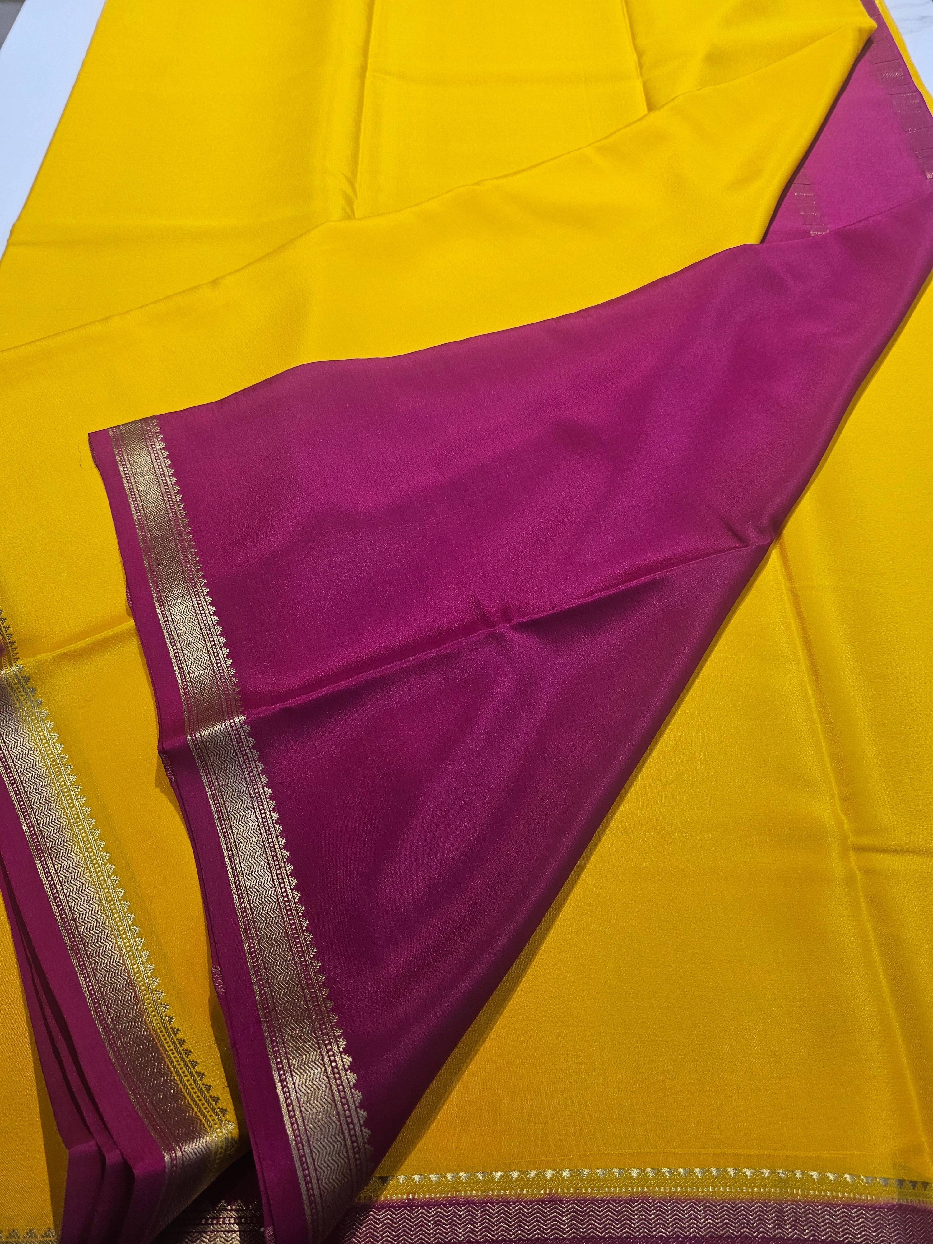 YELLOW WITH PINK  - PURE MYSORE CREPE SILK