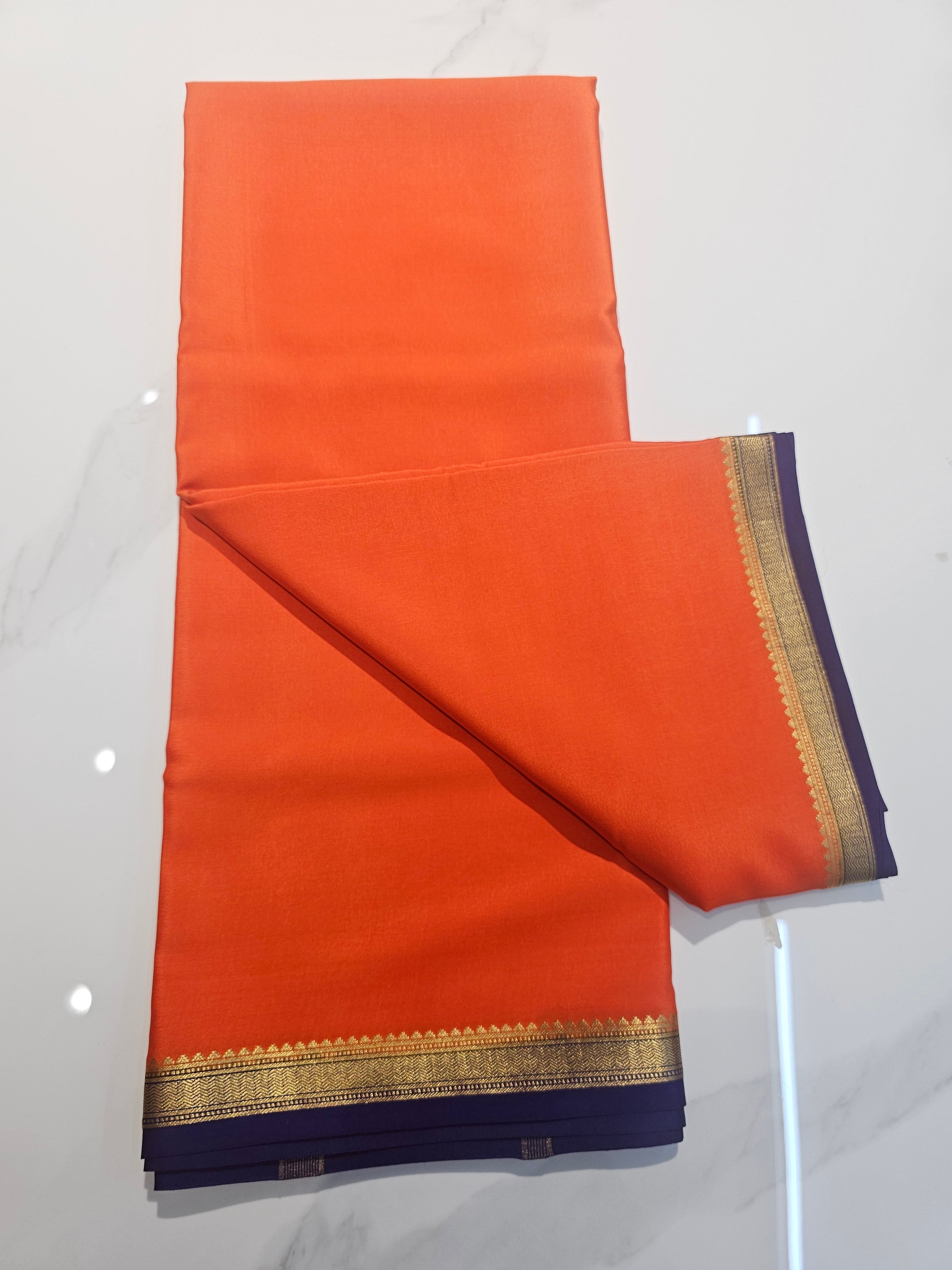 ORANGE WITH BLUE - PURE MYSORE CREPE SILK