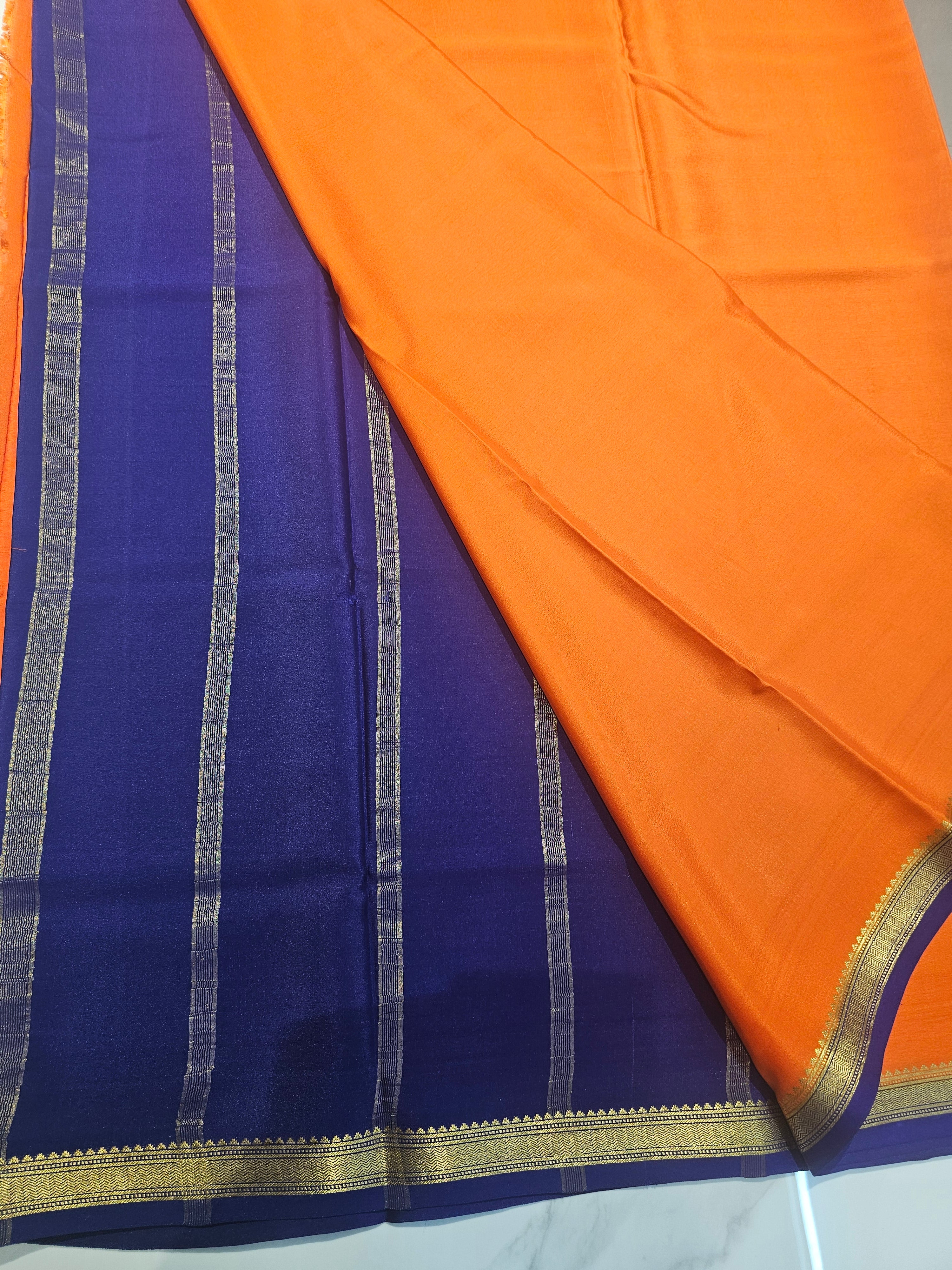 ORANGE WITH BLUE - PURE MYSORE CREPE SILK