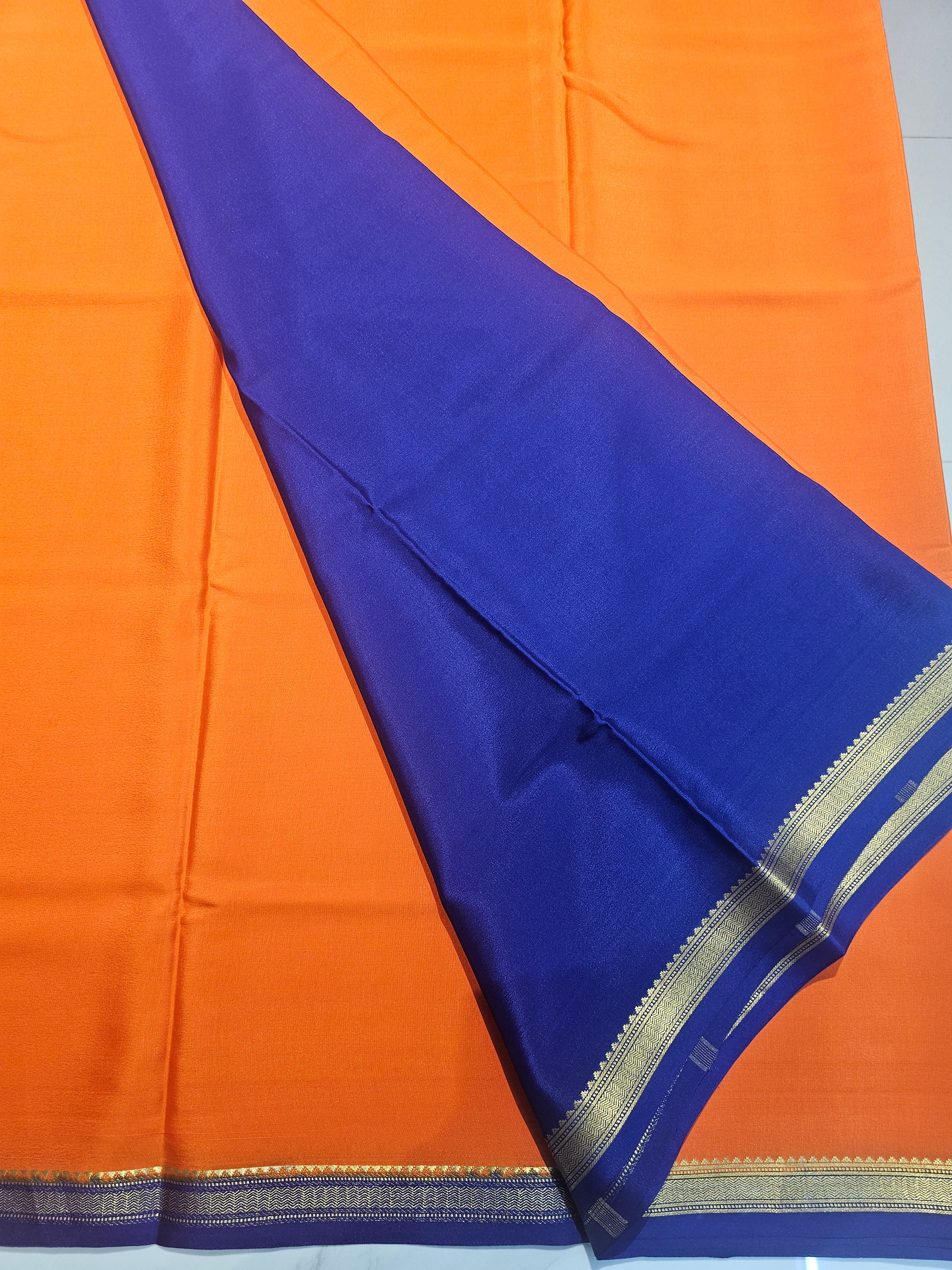 ORANGE WITH BLUE - PURE MYSORE CREPE SILK