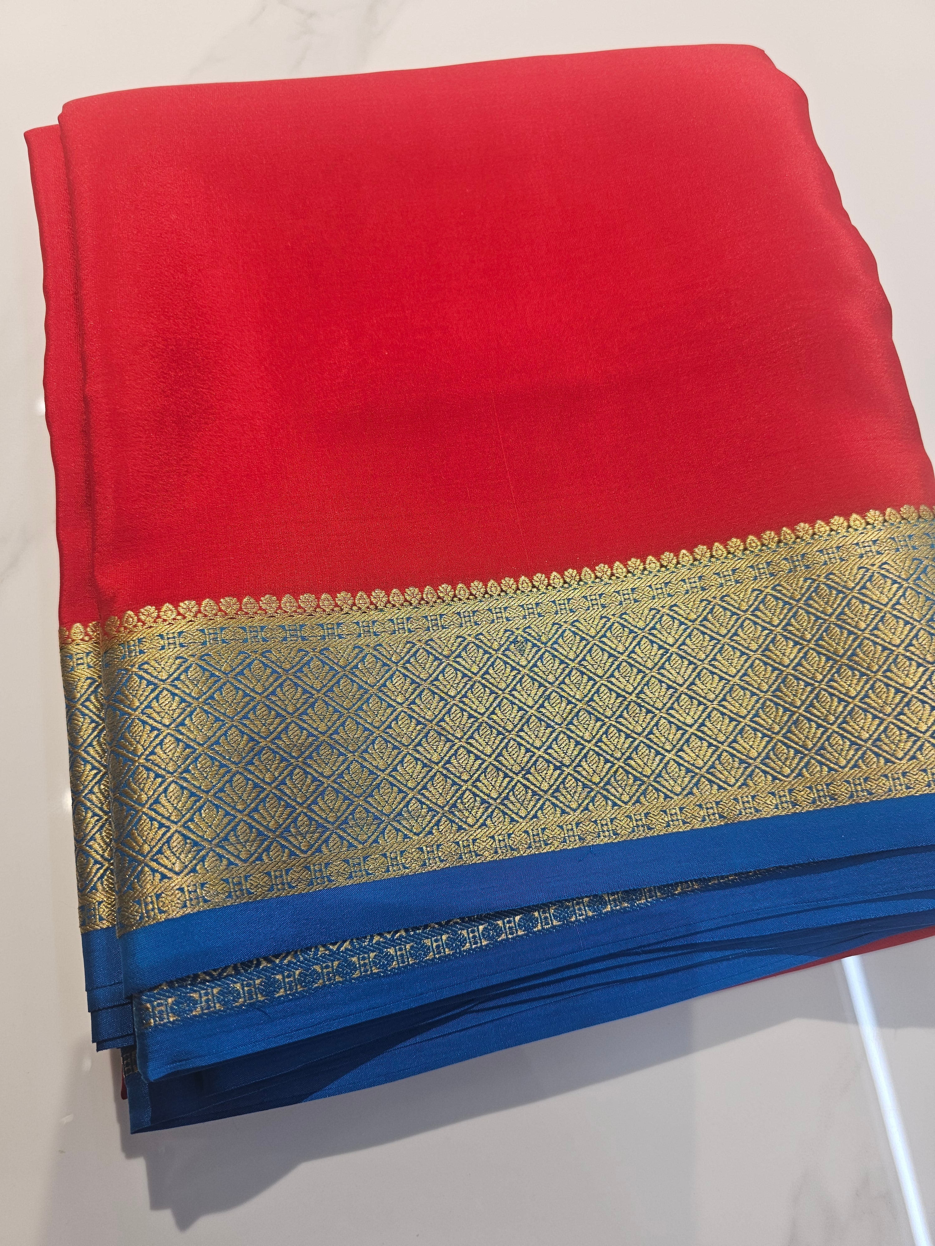 RED WITH BLUE -PURE MYSORE CREPE SILK