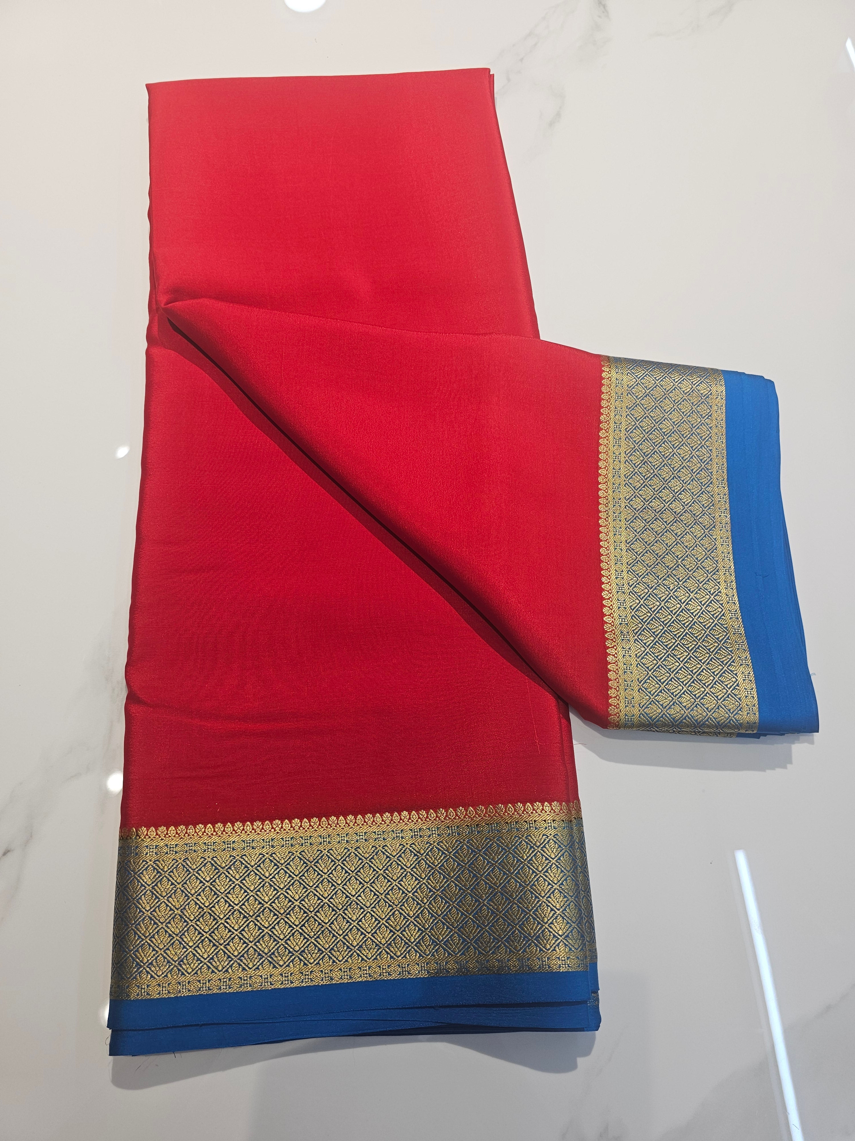 RED WITH BLUE -PURE MYSORE CREPE SILK