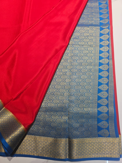 RED WITH BLUE -PURE MYSORE CREPE SILK