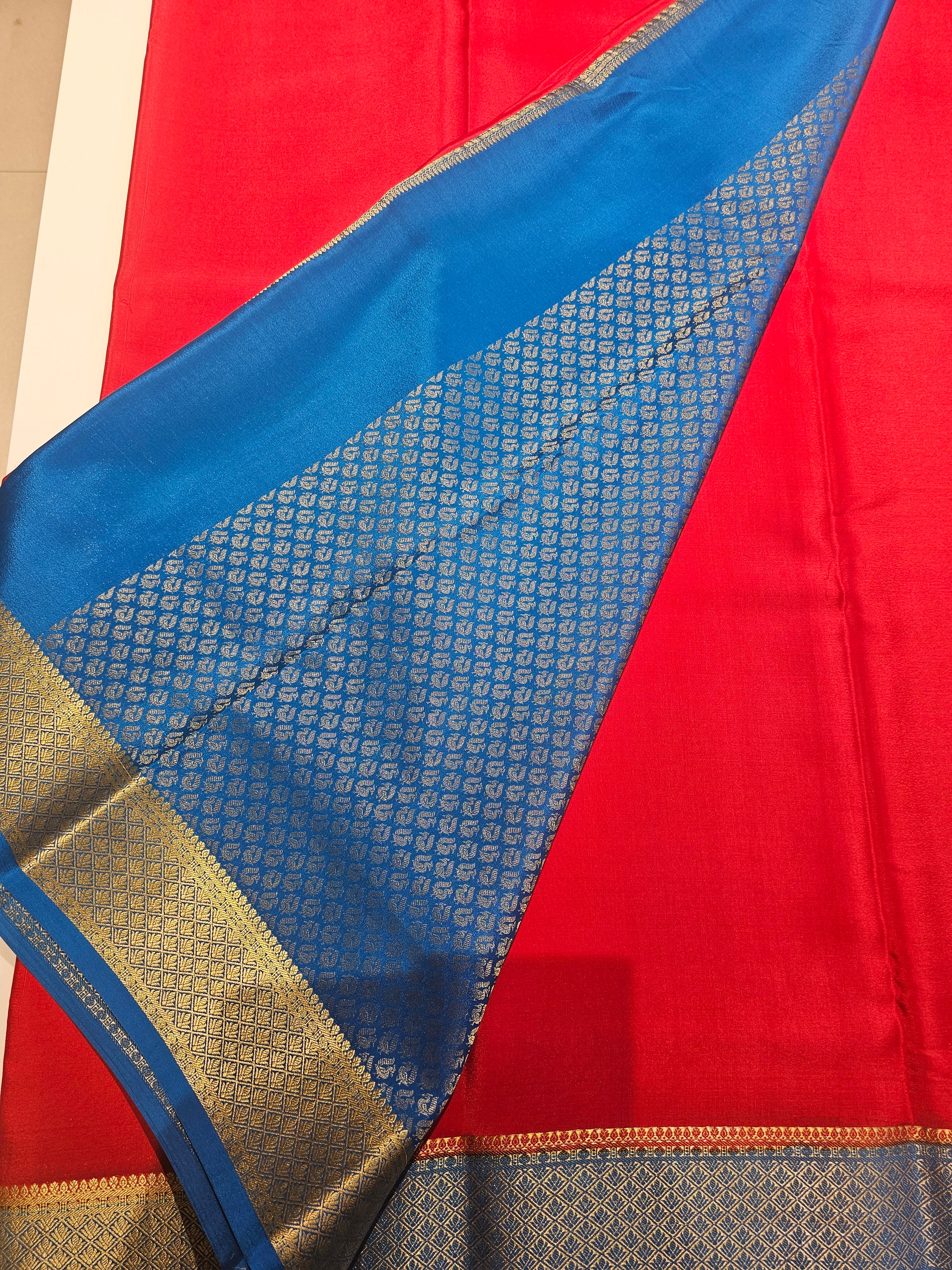 RED WITH BLUE -PURE MYSORE CREPE SILK
