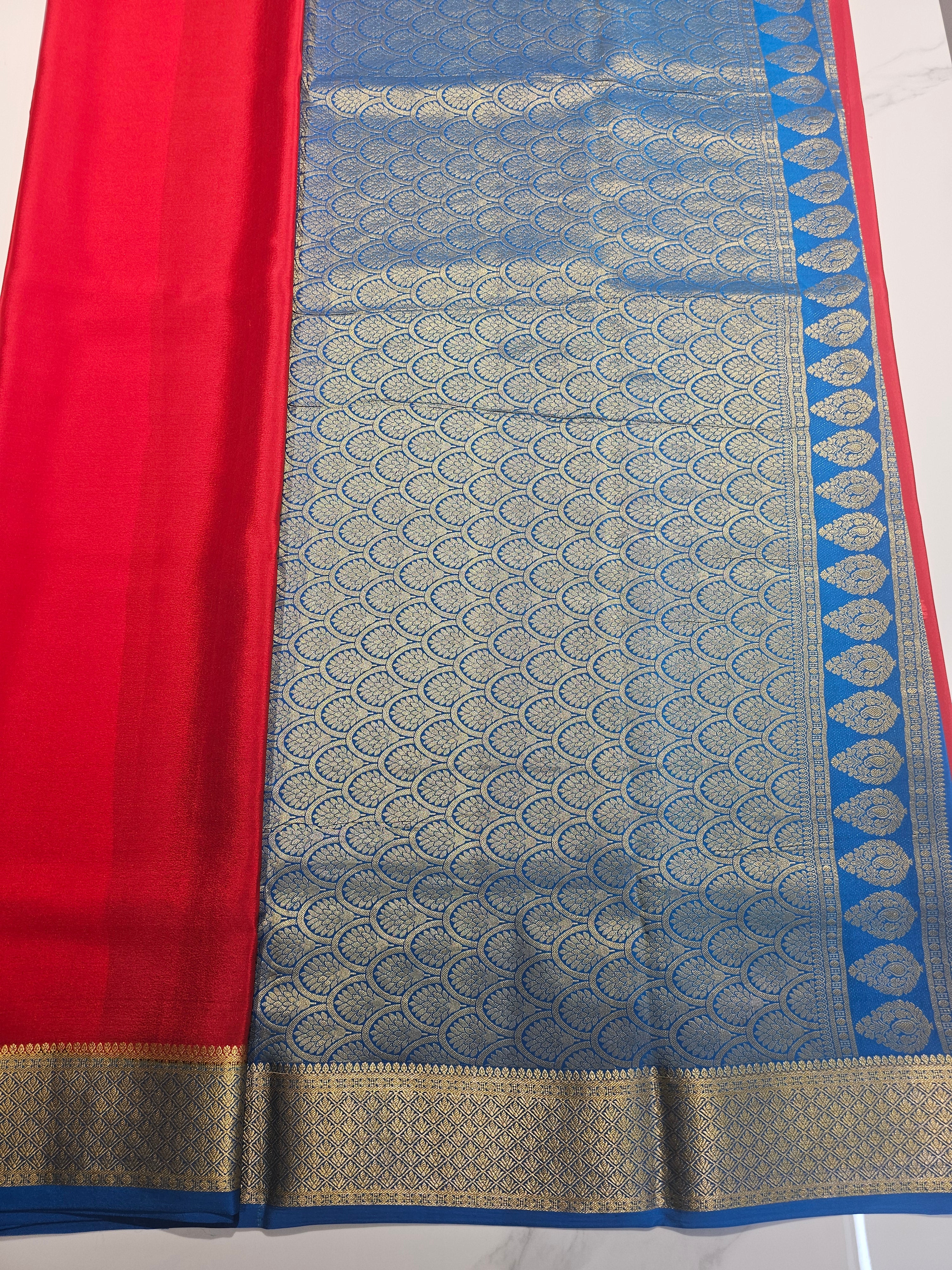 RED WITH BLUE -PURE MYSORE CREPE SILK