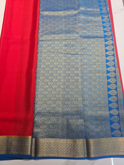 RED WITH BLUE -PURE MYSORE CREPE SILK
