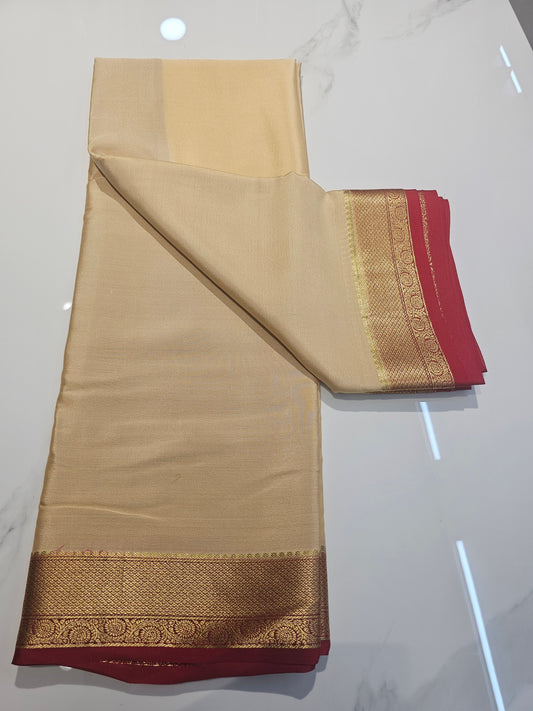 LIGHT GOLDEN WITH CHERRY RED - PURE MYSORE CREPE SILK