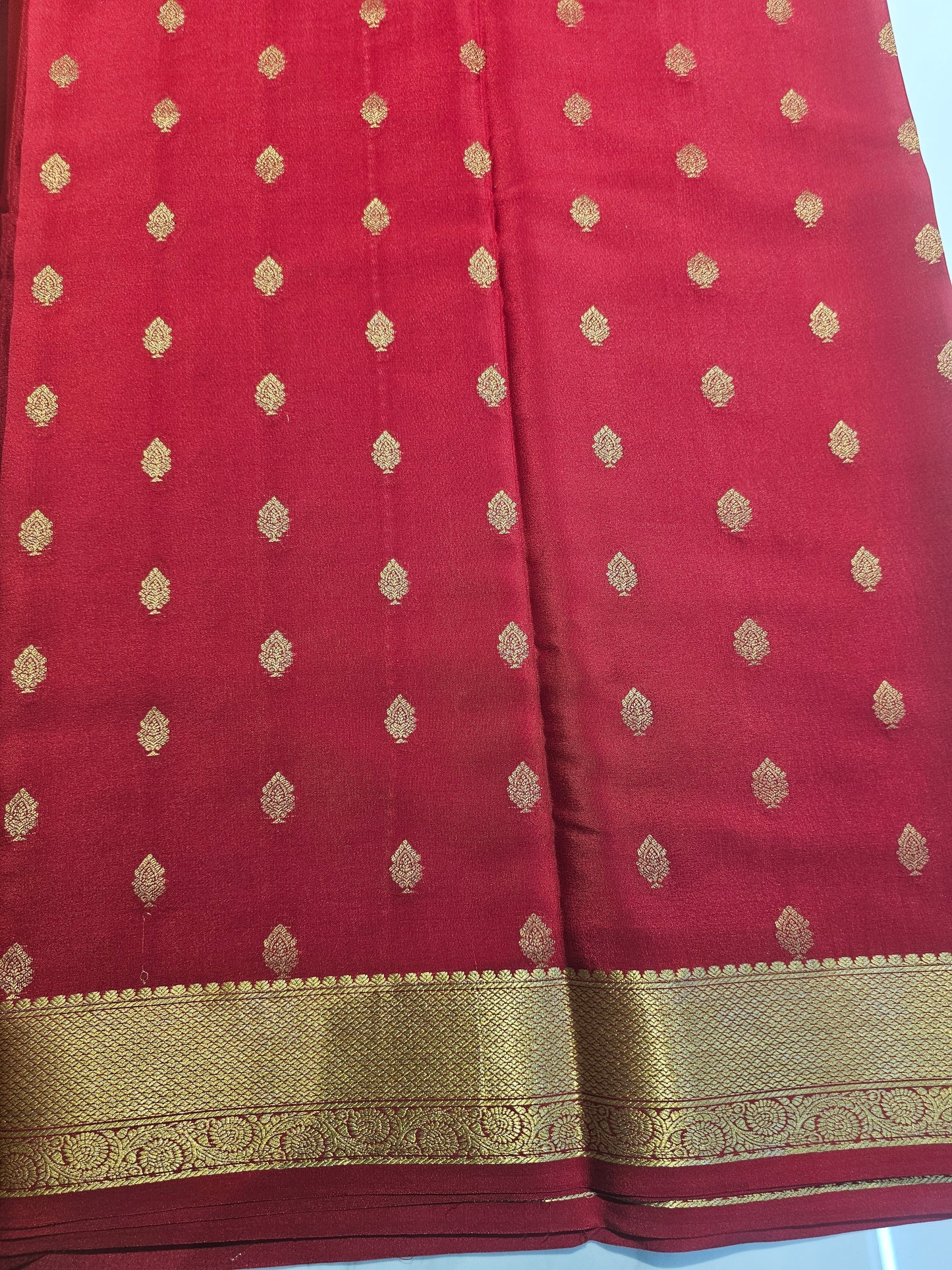 LIGHT GOLDEN WITH CHERRY RED - PURE MYSORE CREPE SILK