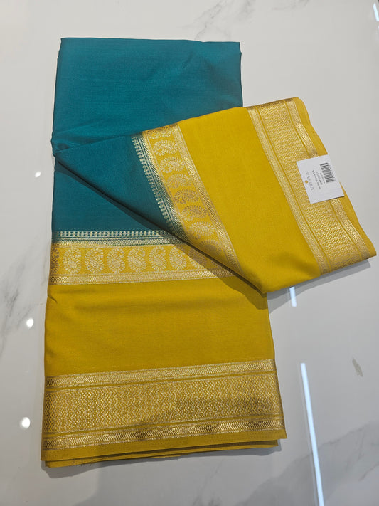 SEA GREEN WITH YELLOW - SEMI MYSORE CREPE SILK