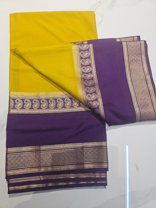 YELLOW WITH PURPLE  - SEMI MYSORE CREPE SILK