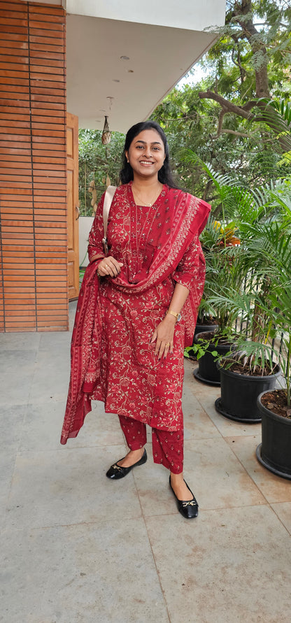 RED - PURE COTTON KURTA SET