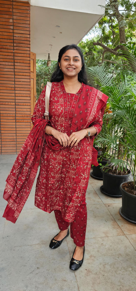 RED - PURE COTTON KURTA SET