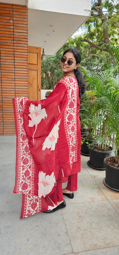 RED - PURE COTTON KURTA SET