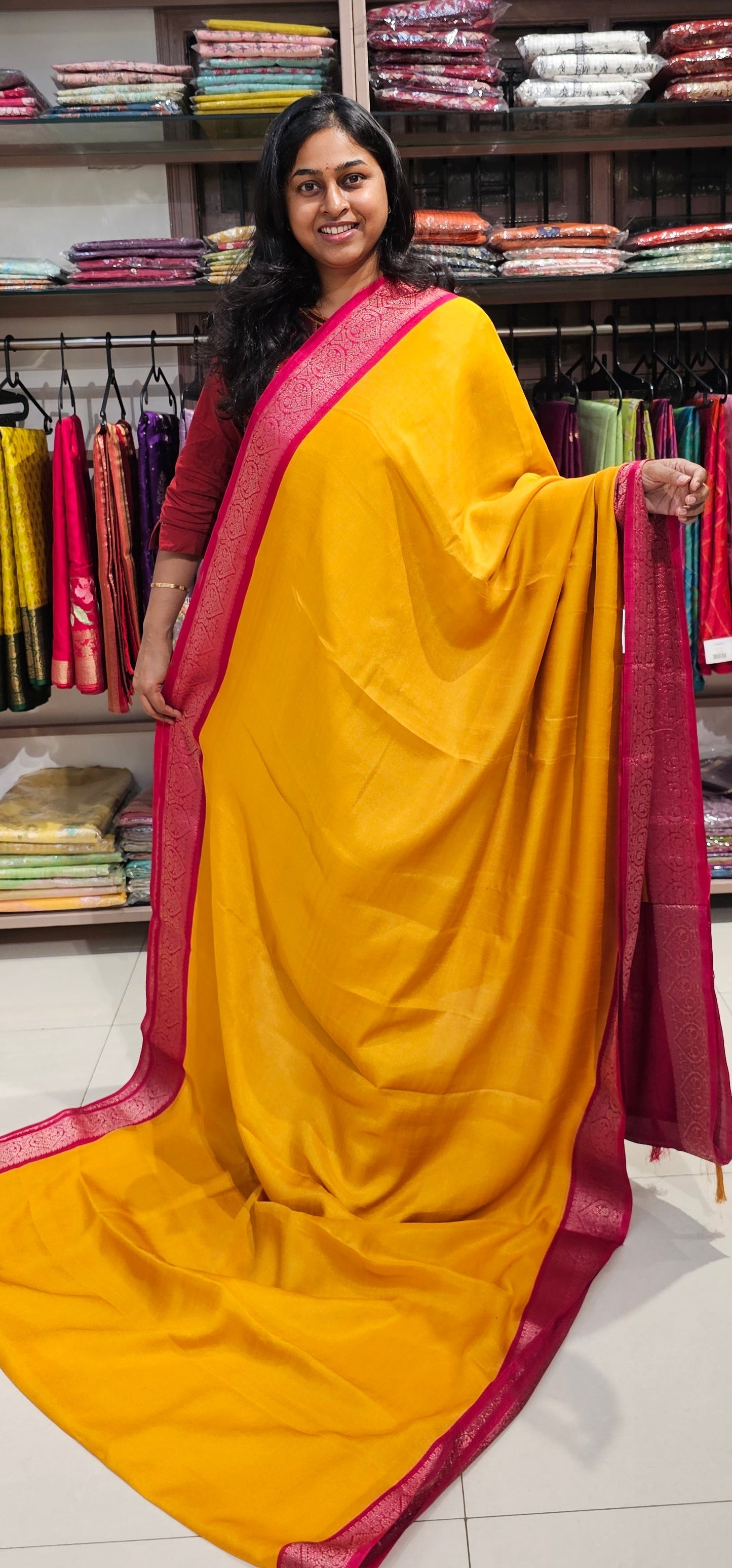 YELLOW WITH PINK - SEMI GEORGETTE SAREE