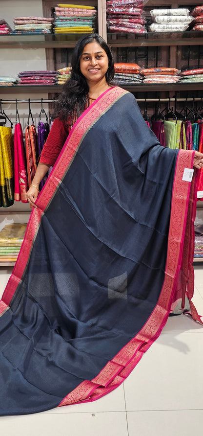 NAVY BLUE WITH PINK - SEMI GEORGETTE SAREE