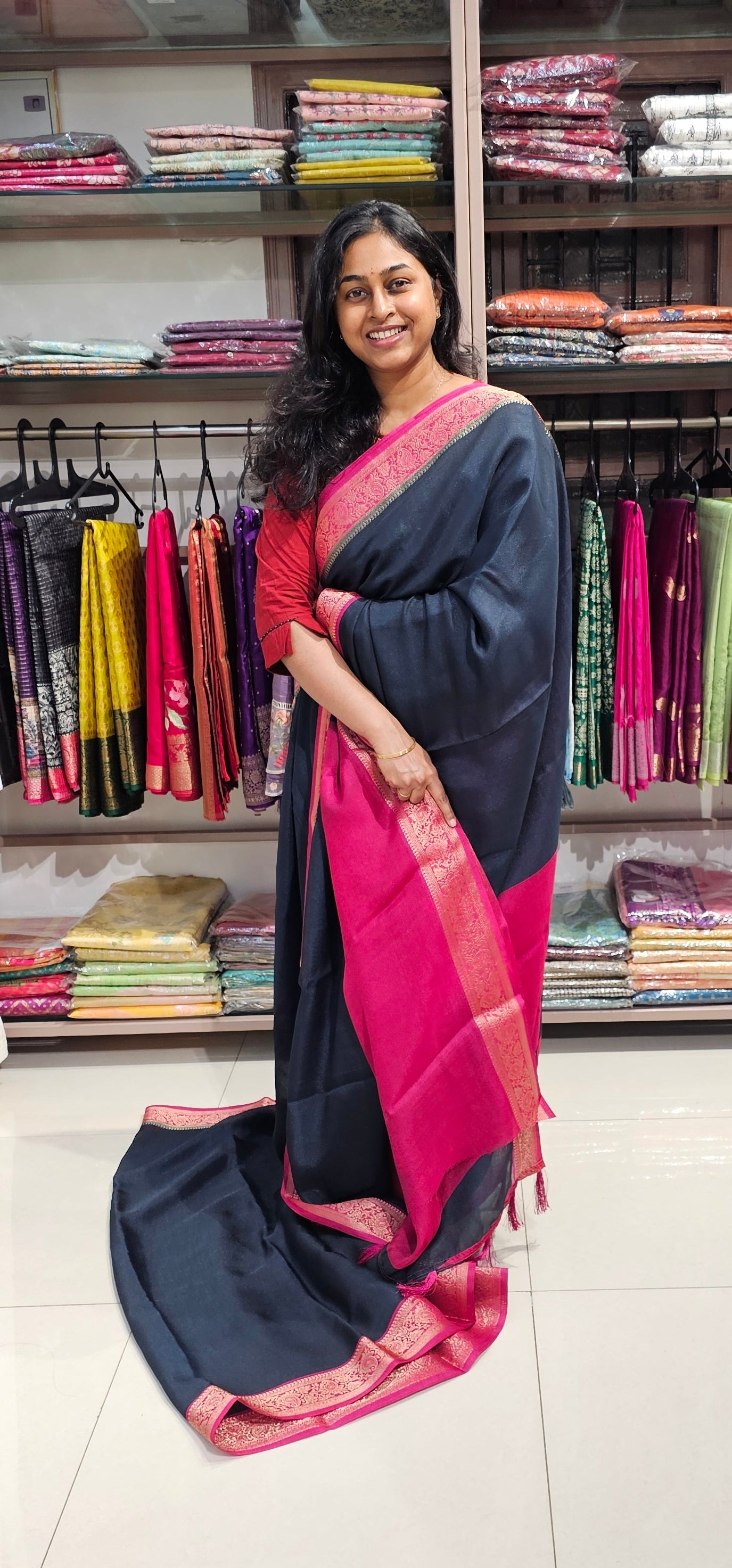 NAVY BLUE WITH PINK - SEMI GEORGETTE SAREE
