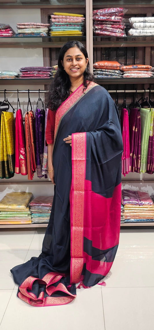 NAVY BLUE WITH PINK - SEMI GEORGETTE SAREE