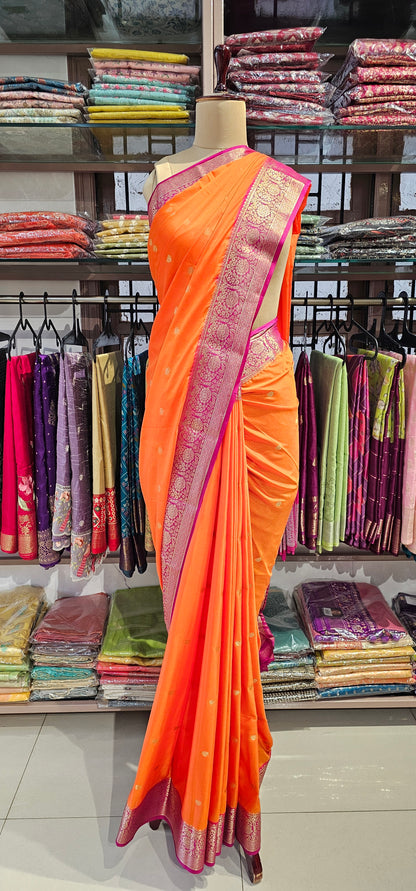ORANGE WITH PINK SEMI MYSORE CREPE SILK
