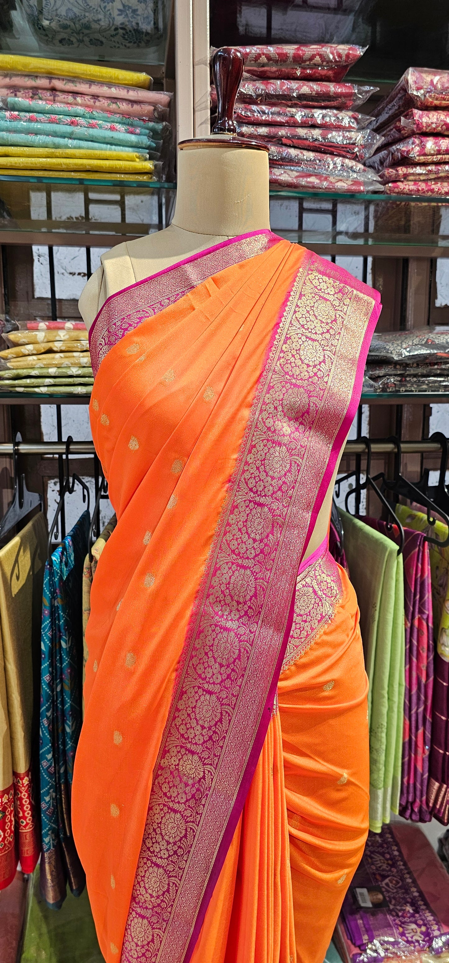 ORANGE WITH PINK SEMI MYSORE CREPE SILK
