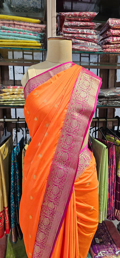 ORANGE WITH PINK SEMI MYSORE CREPE SILK