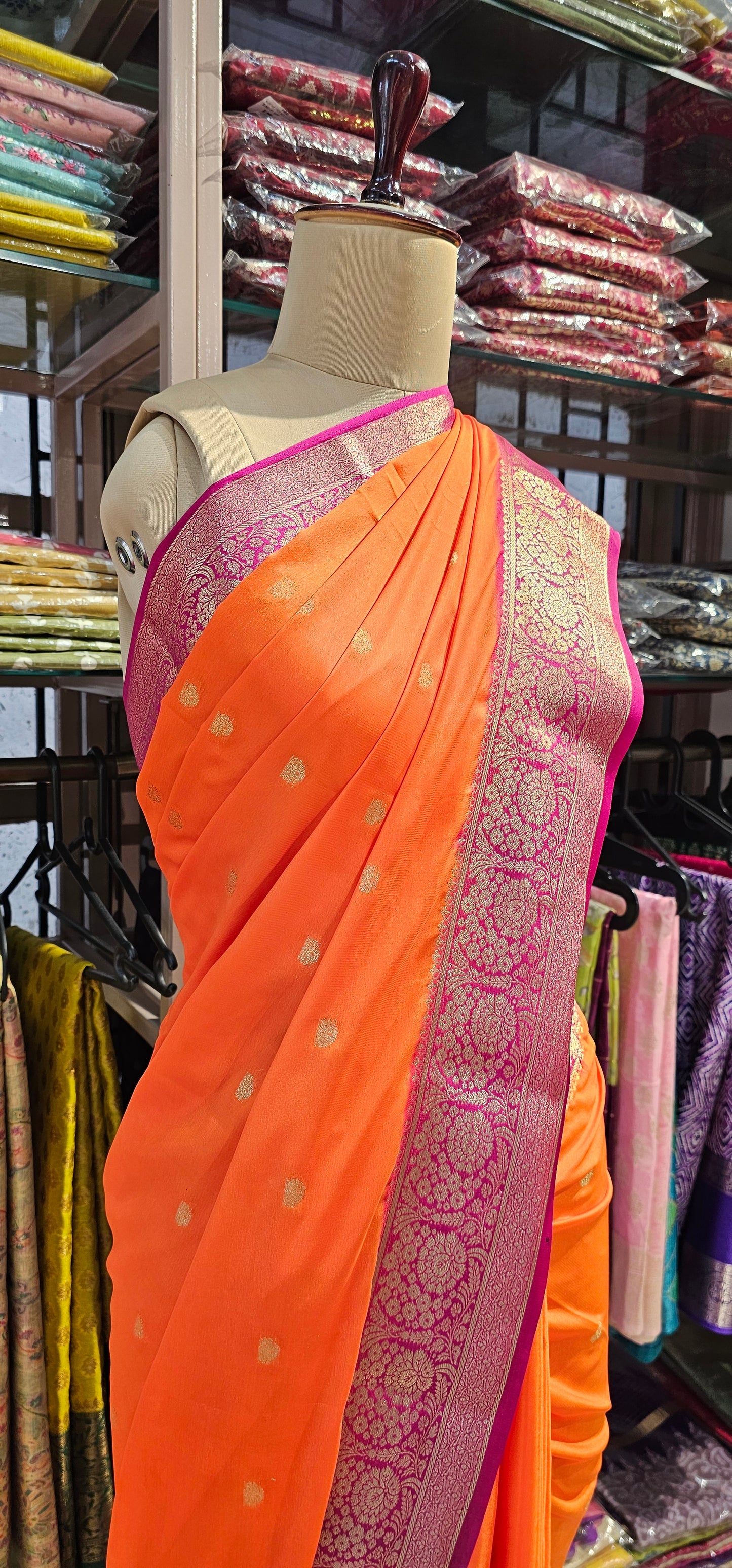 ORANGE WITH PINK SEMI MYSORE CREPE SILK