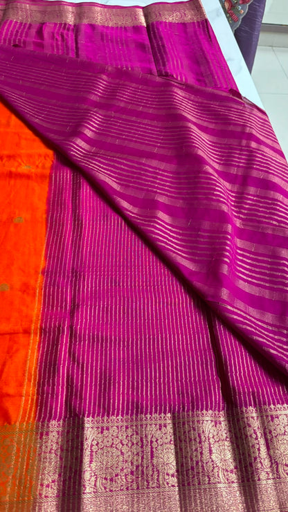 ORANGE WITH PINK SEMI MYSORE CREPE SILK