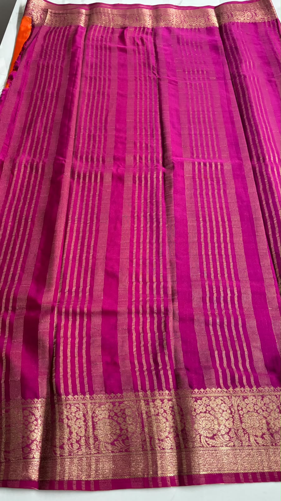 ORANGE WITH PINK SEMI MYSORE CREPE SILK