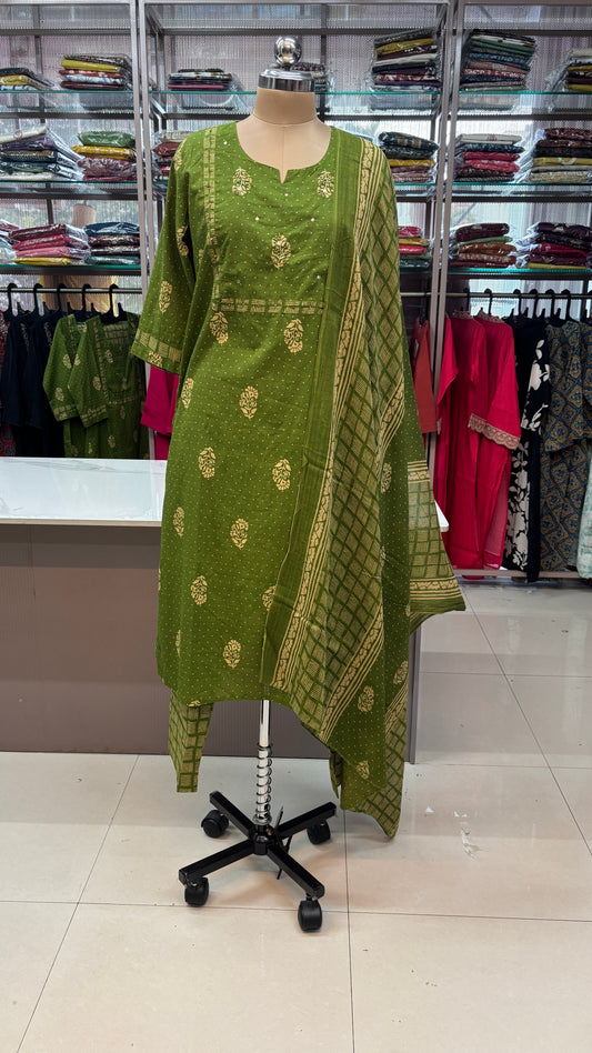 OLIVE GREEN- PURE COTTON KURTA SET