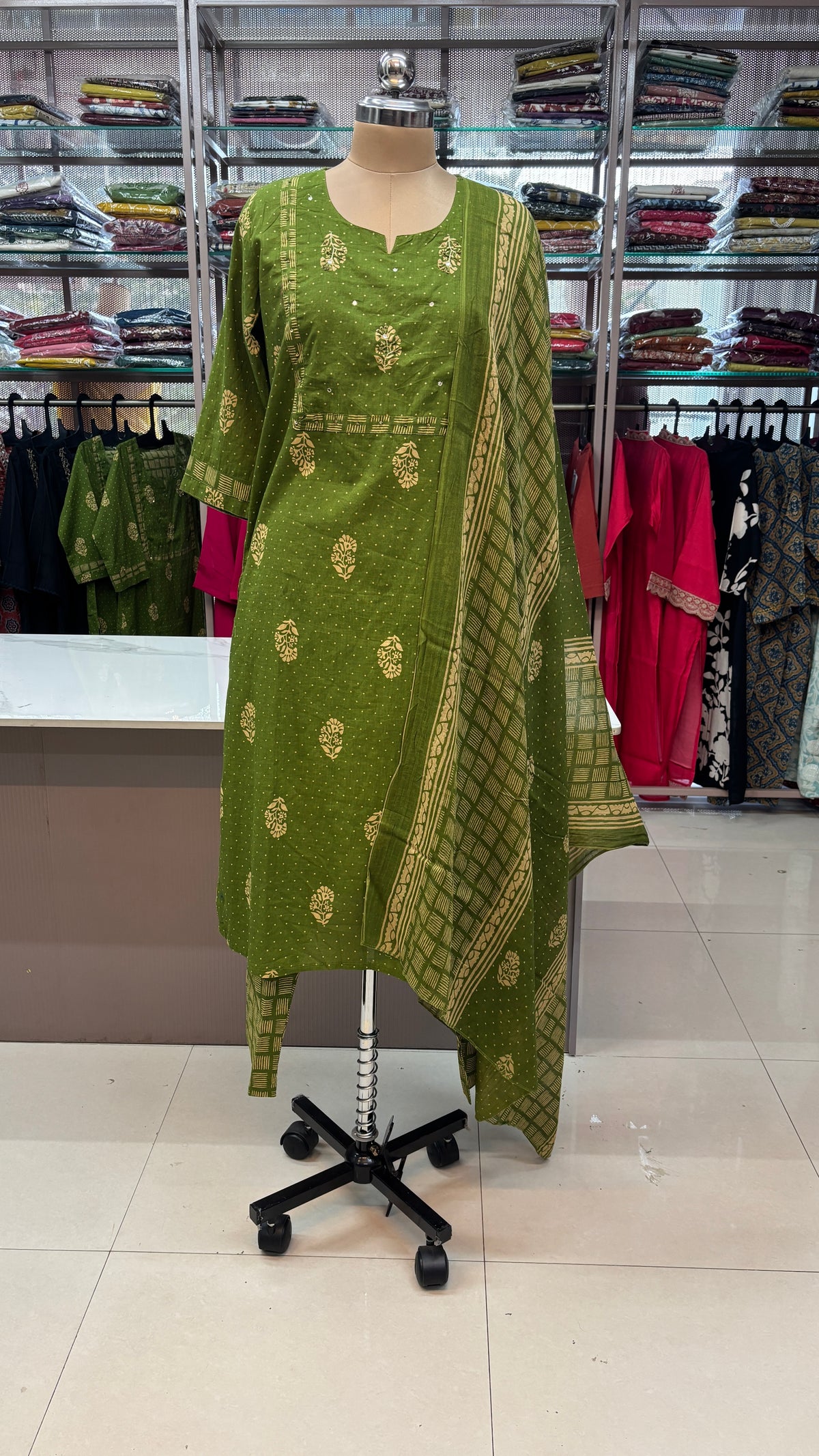 OLIVE GREEN- PURE COTTON KURTA SET